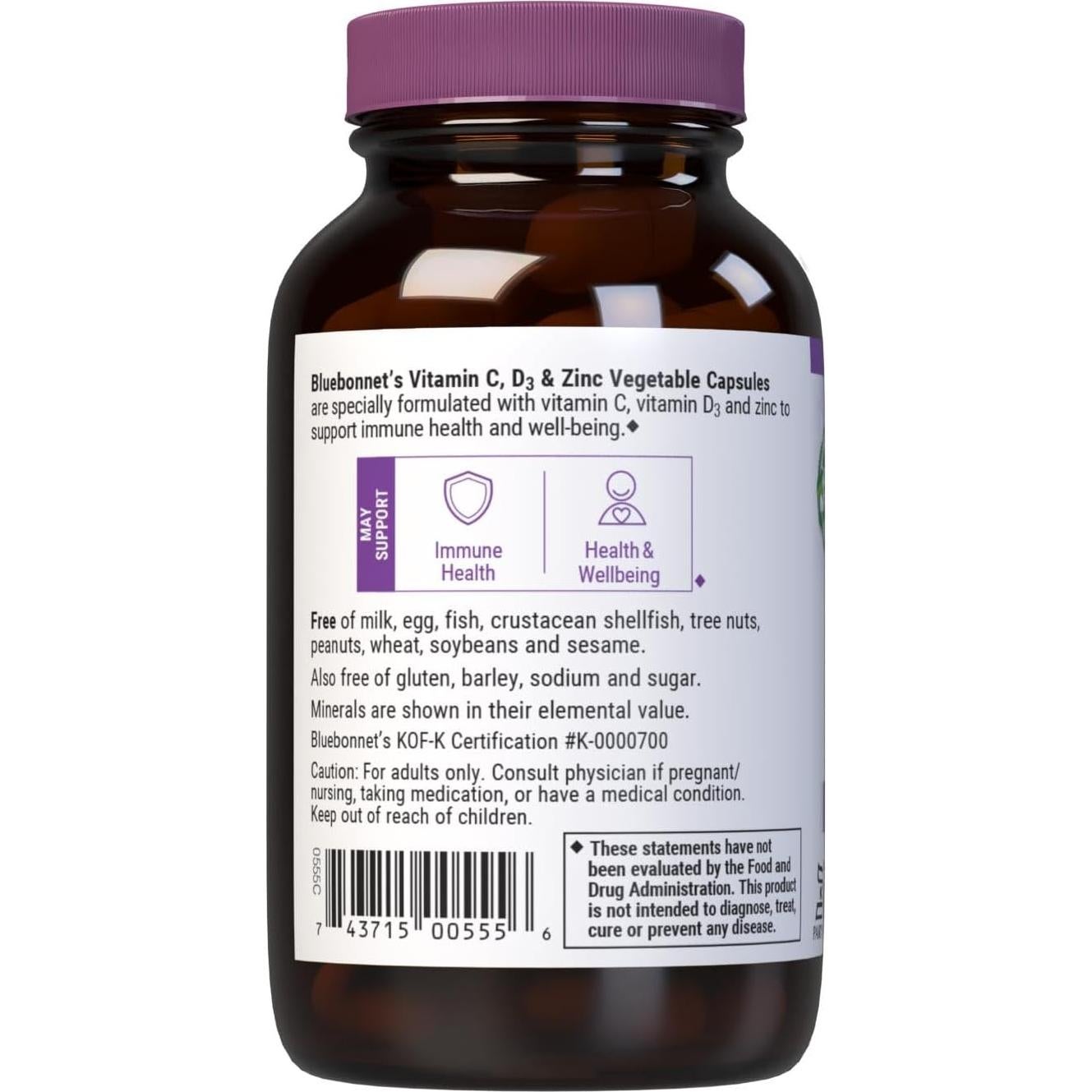 Vitaminas C D3 y Zinc BlueBonnet 50 Cápsulas Vegetales