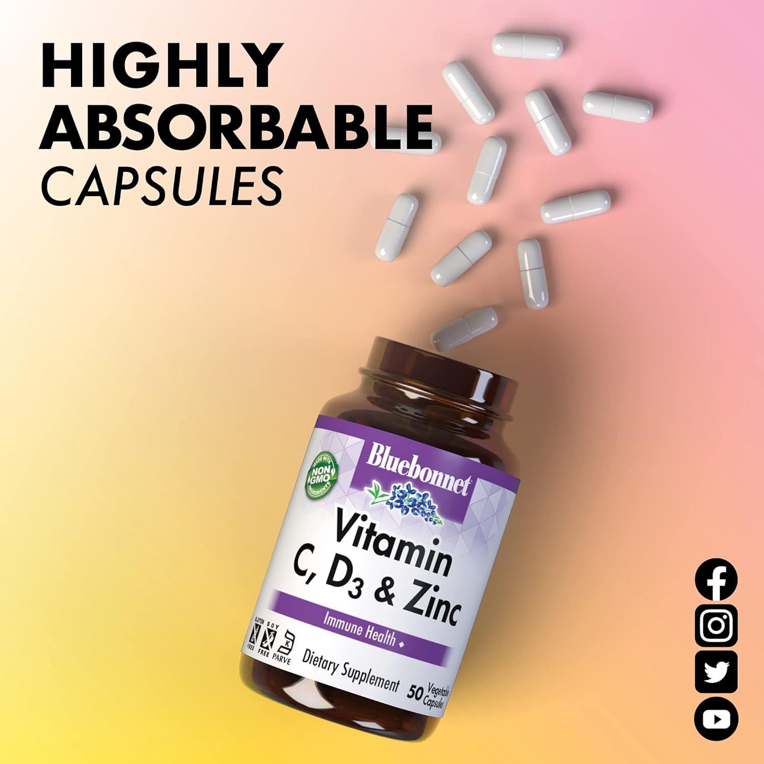 Vitaminas C D3 y Zinc BlueBonnet 50 Cápsulas Vegetales