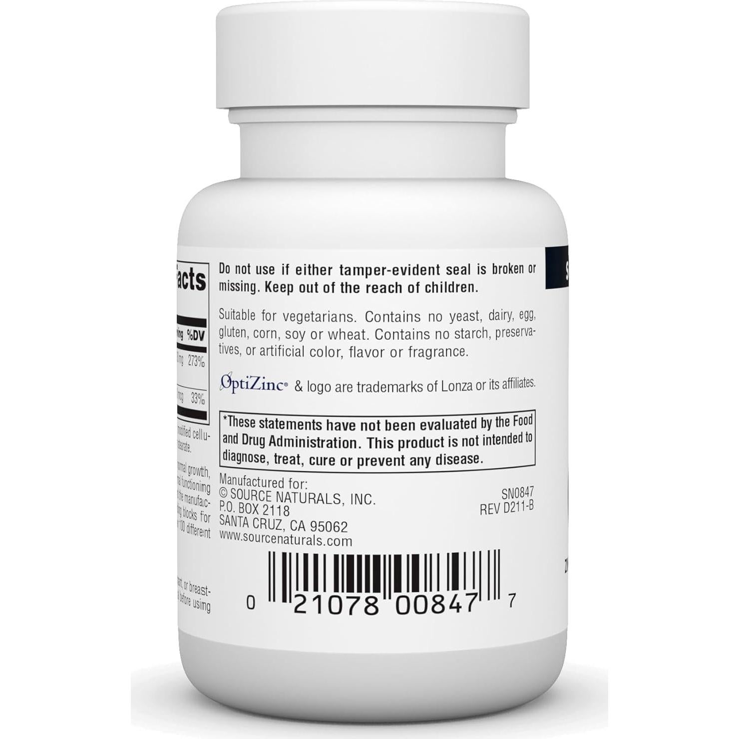 Suplemento Dietético Source Naturals OptiZinc 60 Tabletas