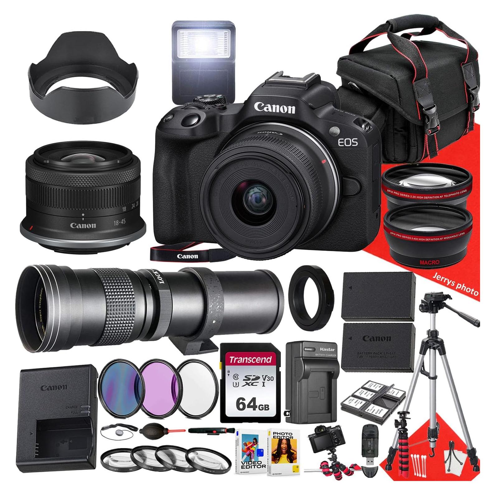 Canon EOS R50 Mirrorless Camera with 18-45mm and 420-800mm Lens + 64 GB Memory + Hood + Monopod + Filters + Tripod + More (30pc Bundle) (Renewed)