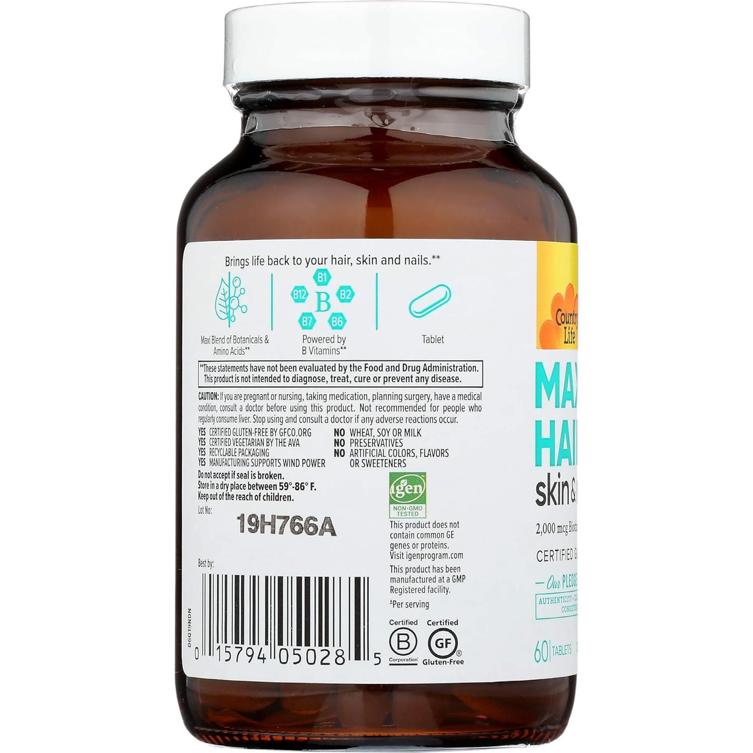 Suplemento Maxi-Hair Country Life 2000mcg Biotina 60 Tabletas