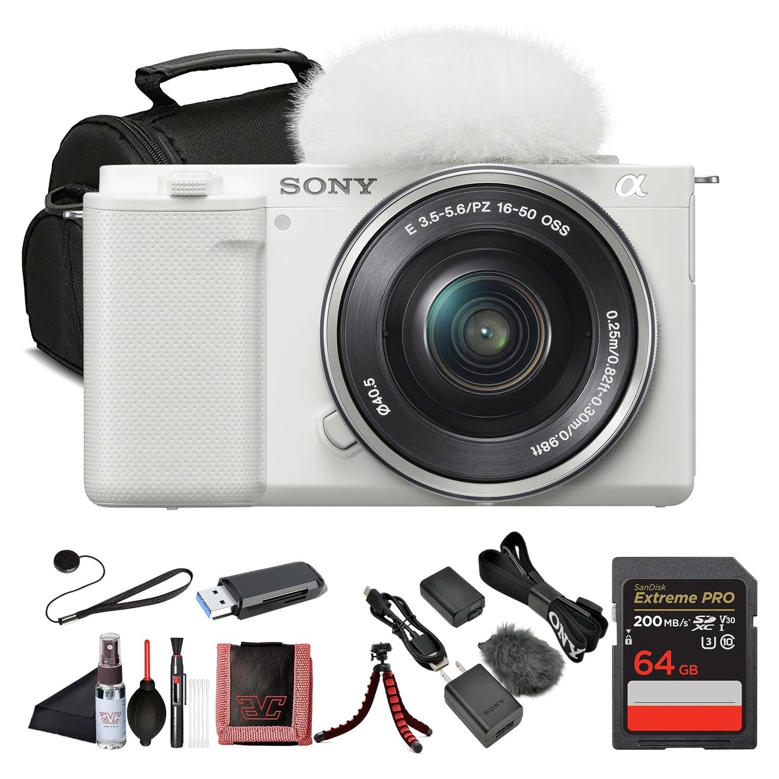Sony ZV-E10 Vlogging Mirrorless Camera (White) with E PZ 16–50mm Lens (ILCZV-E10L/W) | 24.2 MP APS-C Sensor | 4K Video with 64GB Card, Card Reader, Case, Flex Tripod, Cap Keeper and More