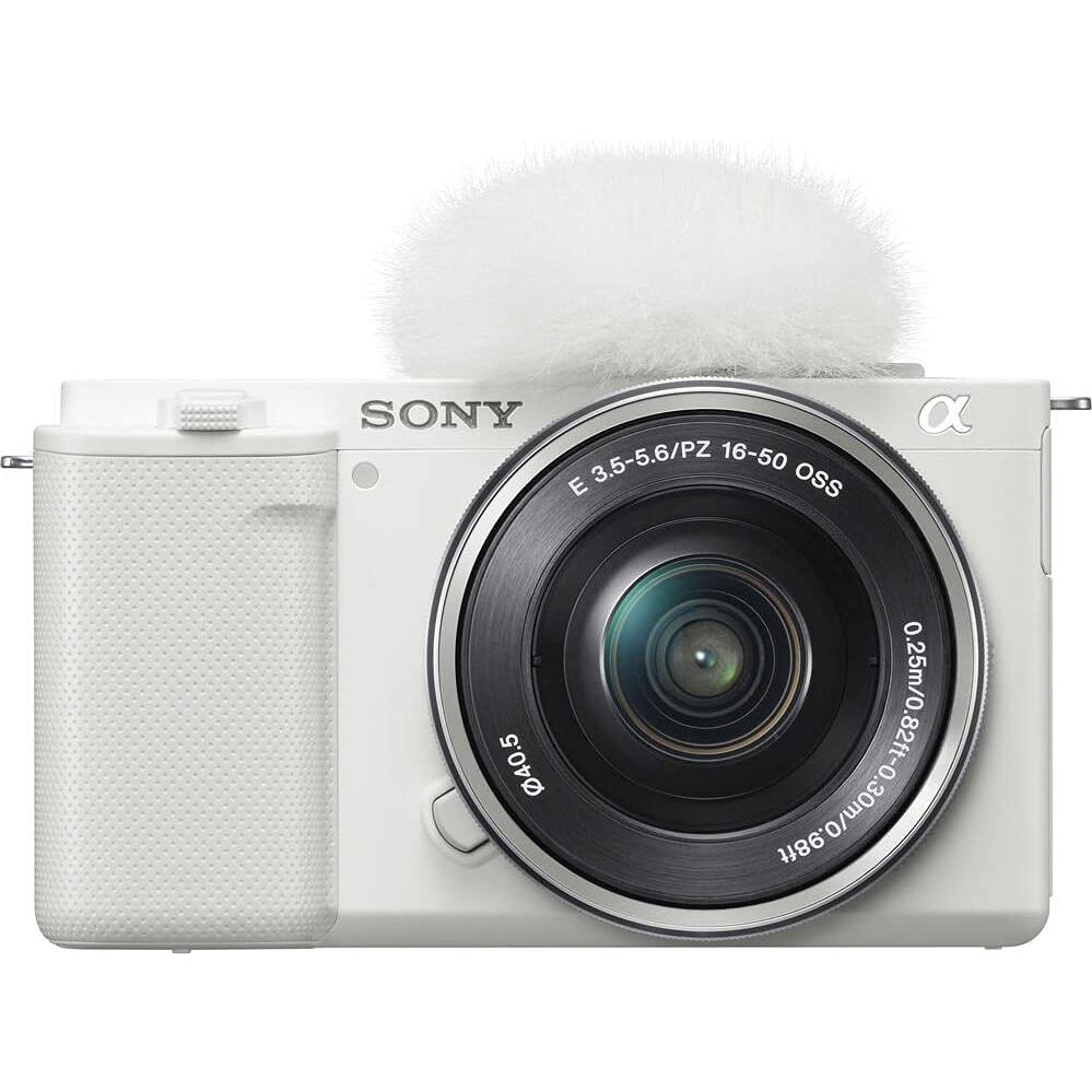 Sony ZV-E10 Vlogging Mirrorless Camera (White) with E PZ 16–50mm Lens (ILCZV-E10L/W) | 24.2 MP APS-C Sensor | 4K Video with 64GB Card, Card Reader, Case, Flex Tripod, Cap Keeper and More