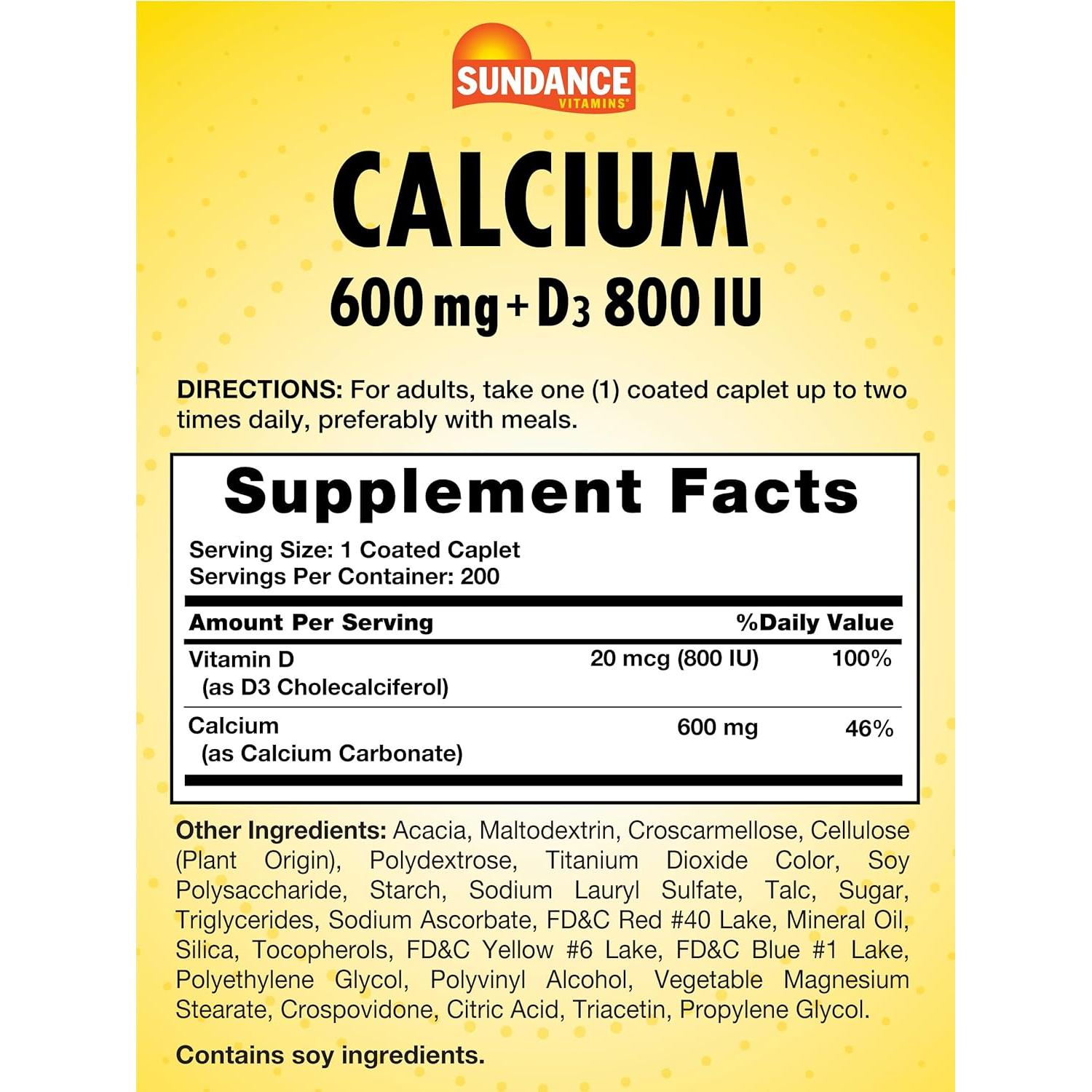 Suplemento de Calcio con Vitamina D3 Sundance 600mg 200 Comprimidos
