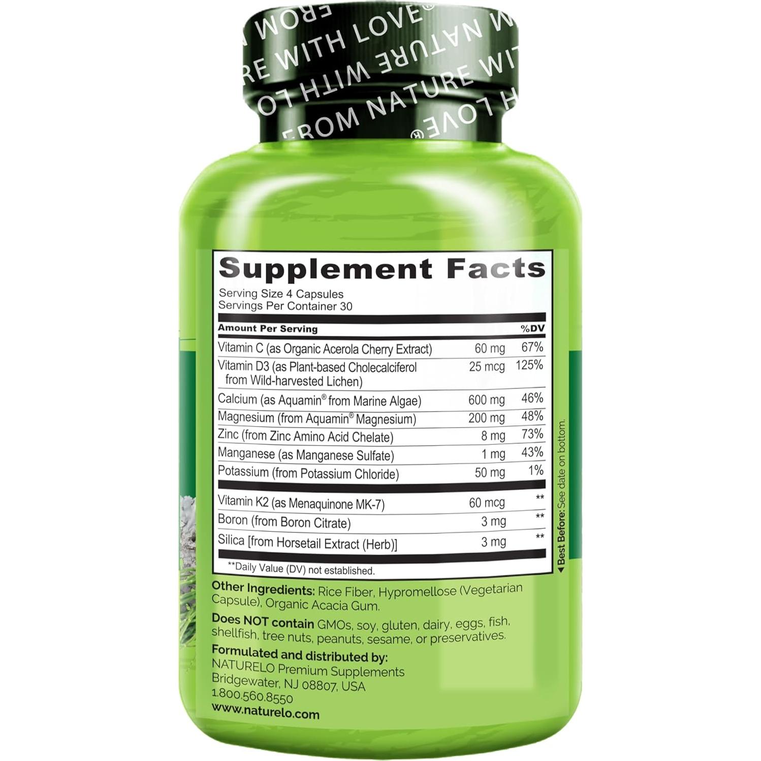 Suplemento de Calcio NATURELO 600mg con Vitamina D3 y K2 - 120 Cápsulas Vegetarianas