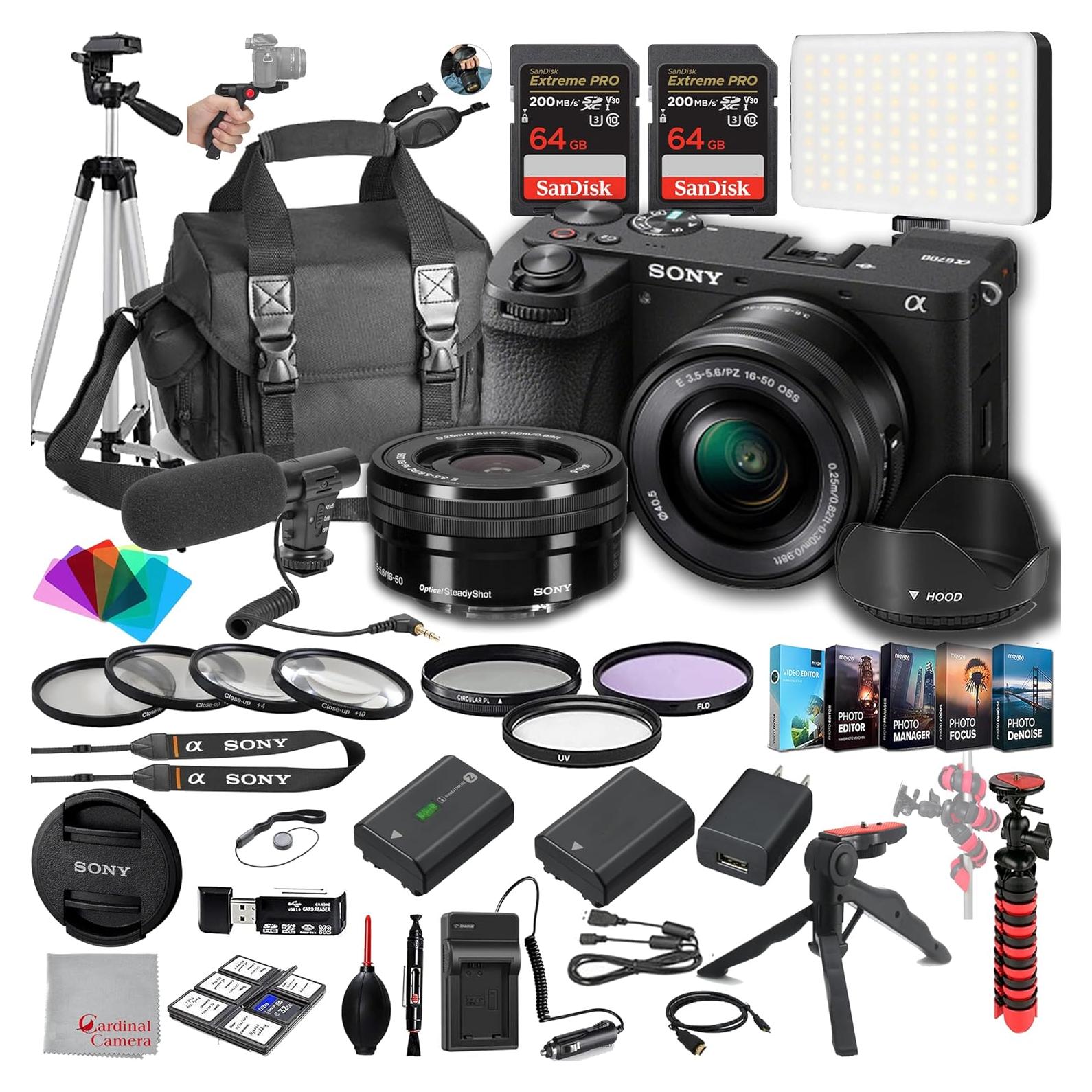 Sony a6700 Mirrorless Camera with 16-50mm Lens, 128GB Extreme Speed Memory,Microphone, 120 LED Video Light, Tripod, Filters, Hood, Grip,Spare Battery & Charger, Editing Software Kit -Deluxe Bundle