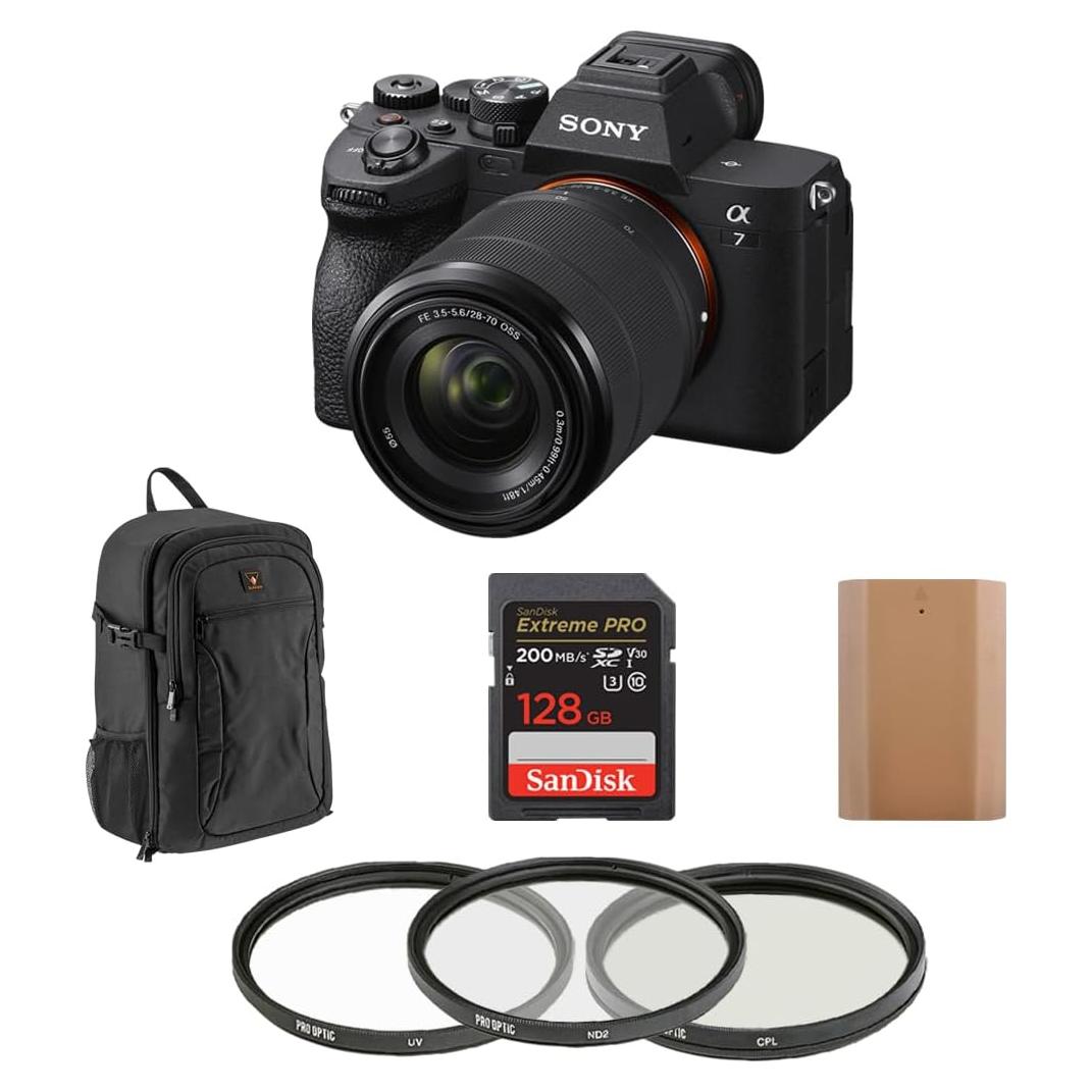 Sony Alpha a7 IV Mirrorless Camera with FE 28-70mm Lens Bundle with 128GB Memory Card, Backpack, Battery Pack, Filter Kit