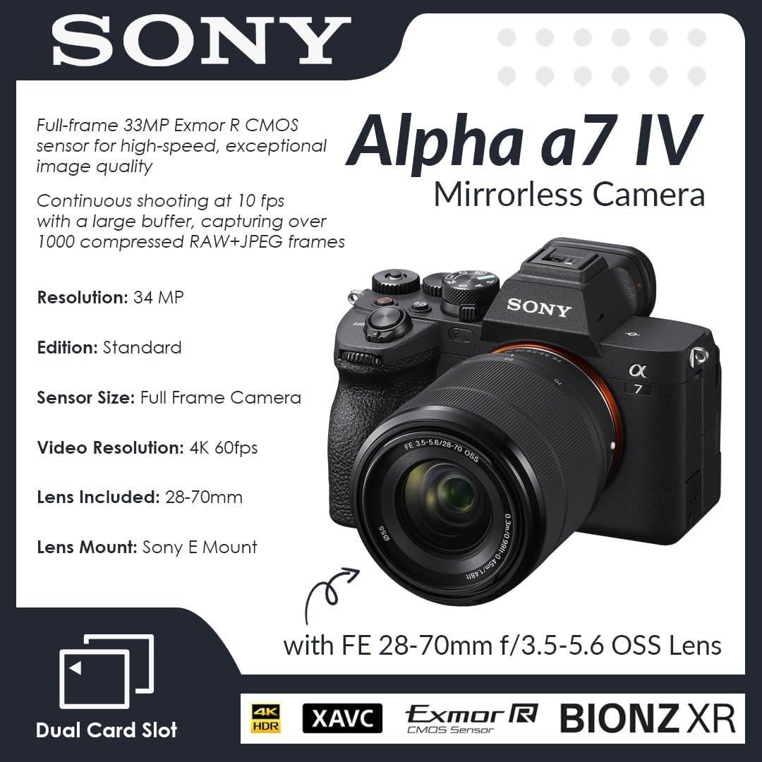 Sony Alpha a7 IV Mirrorless Camera with FE 28-70mm Lens Bundle with 128GB Memory Card, Backpack, Battery Pack, Filter Kit