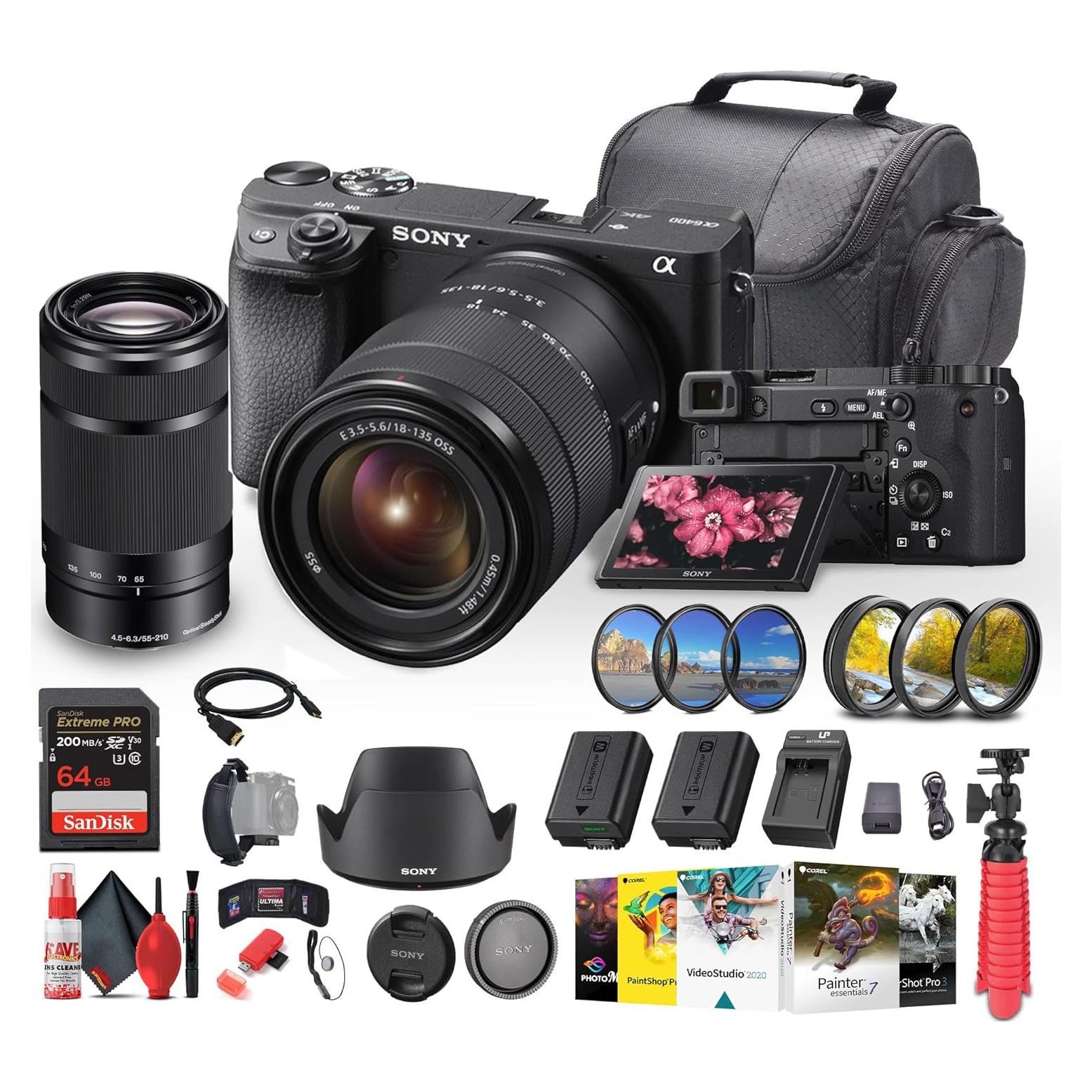 Sony a6400 Mirrorless Camera with 18-135mm Lens with Real-Time Eye Auto Focus, 4K Video (ILCE-6400M/B) + Sony E 55-210mm f/4.5-6.3 OSS Lens + 64GB Memory Card + NP-FW50 Battery + More (Renewed)