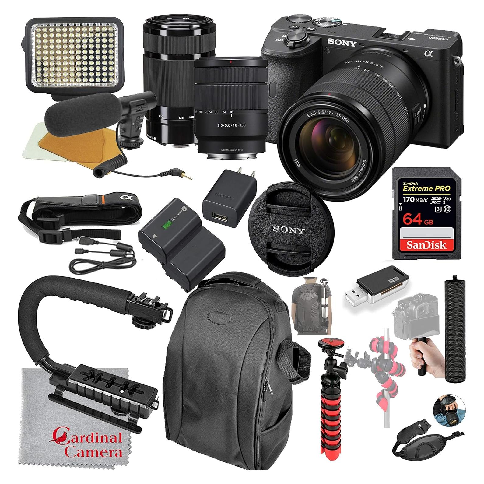 Cardinal Camera-Sony Sony Alpha a6600 Mirrorless Camera with 18-135mm and 55-210mm Lenses Bundle Video Bundle + LED Video Light + Microphone + Extreme Speed 64GB Memory(21pc Bundle) ILCE-6600M/B