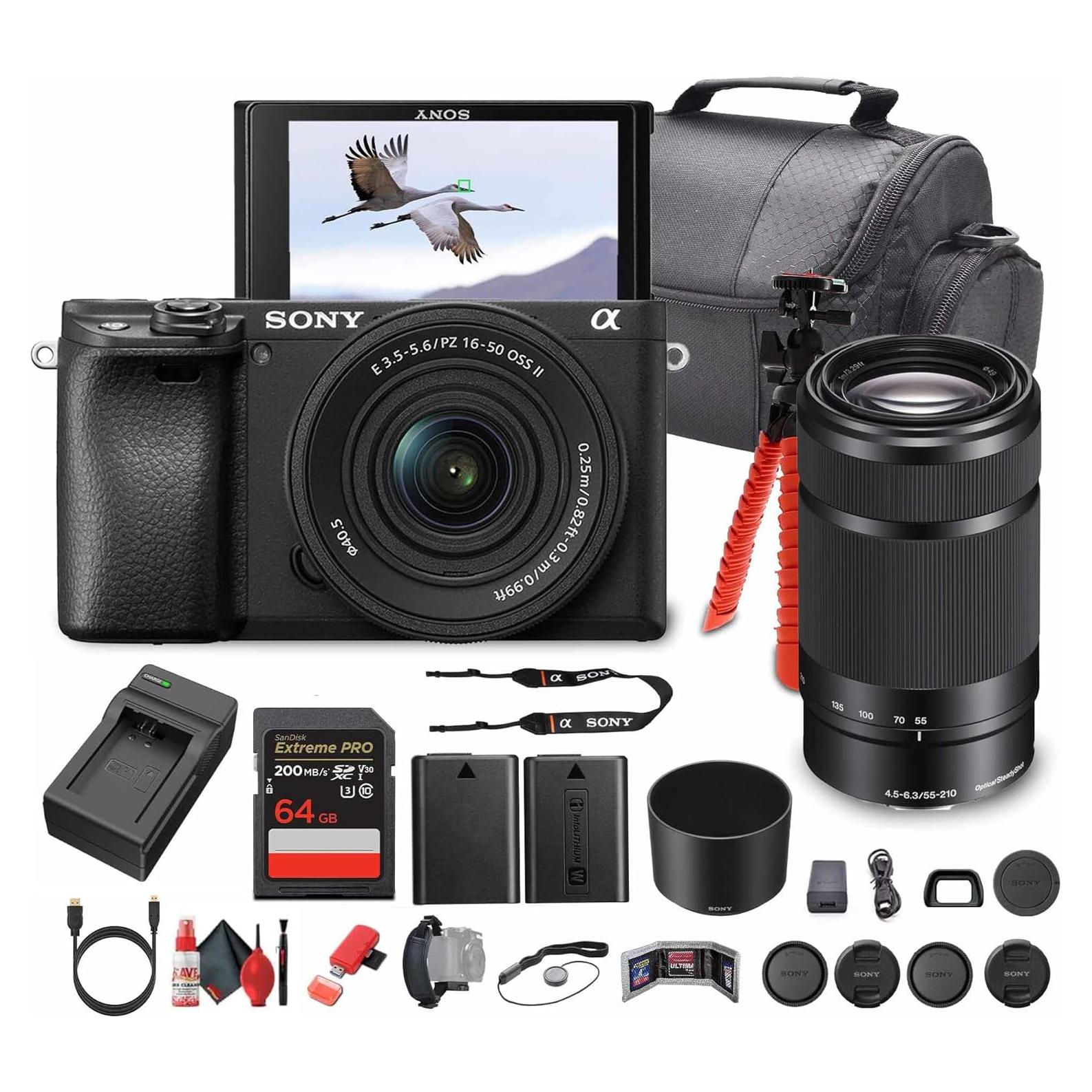 Sony Alpha a6100 Mirrorless Camera with 16-50mm OSS II Lens and 55-210mm Zoom Lenses (ILCE6100XB) + 64GB Memory Card + NP-FW50 + Camera Bag + Charger + Tripod + Cleaning Kit + More (Renewed)