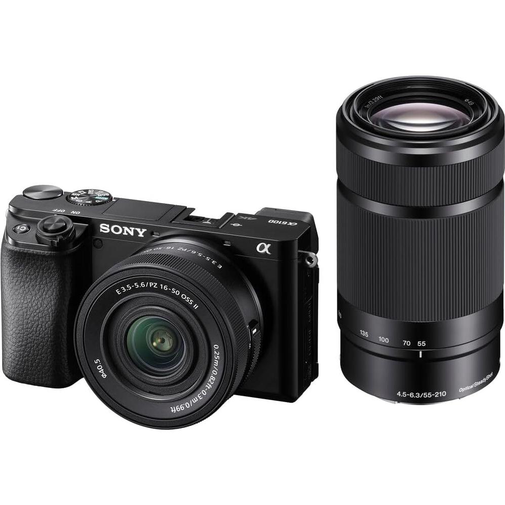 Sony Alpha a6100 Mirrorless Camera with 16-50mm OSS II Lens and 55-210mm Zoom Lenses (ILCE6100XB) + 64GB Memory Card + NP-FW50 + Camera Bag + Charger + Tripod + Cleaning Kit + More (Renewed)