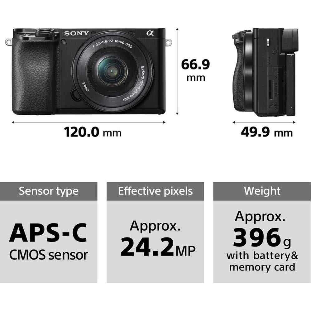 Sony Alpha a6100 Mirrorless Camera with 16-50mm OSS II Lens and 55-210mm Zoom Lenses (ILCE6100XB) + 64GB Memory Card + NP-FW50 + Camera Bag + Charger + Tripod + Cleaning Kit + More (Renewed)