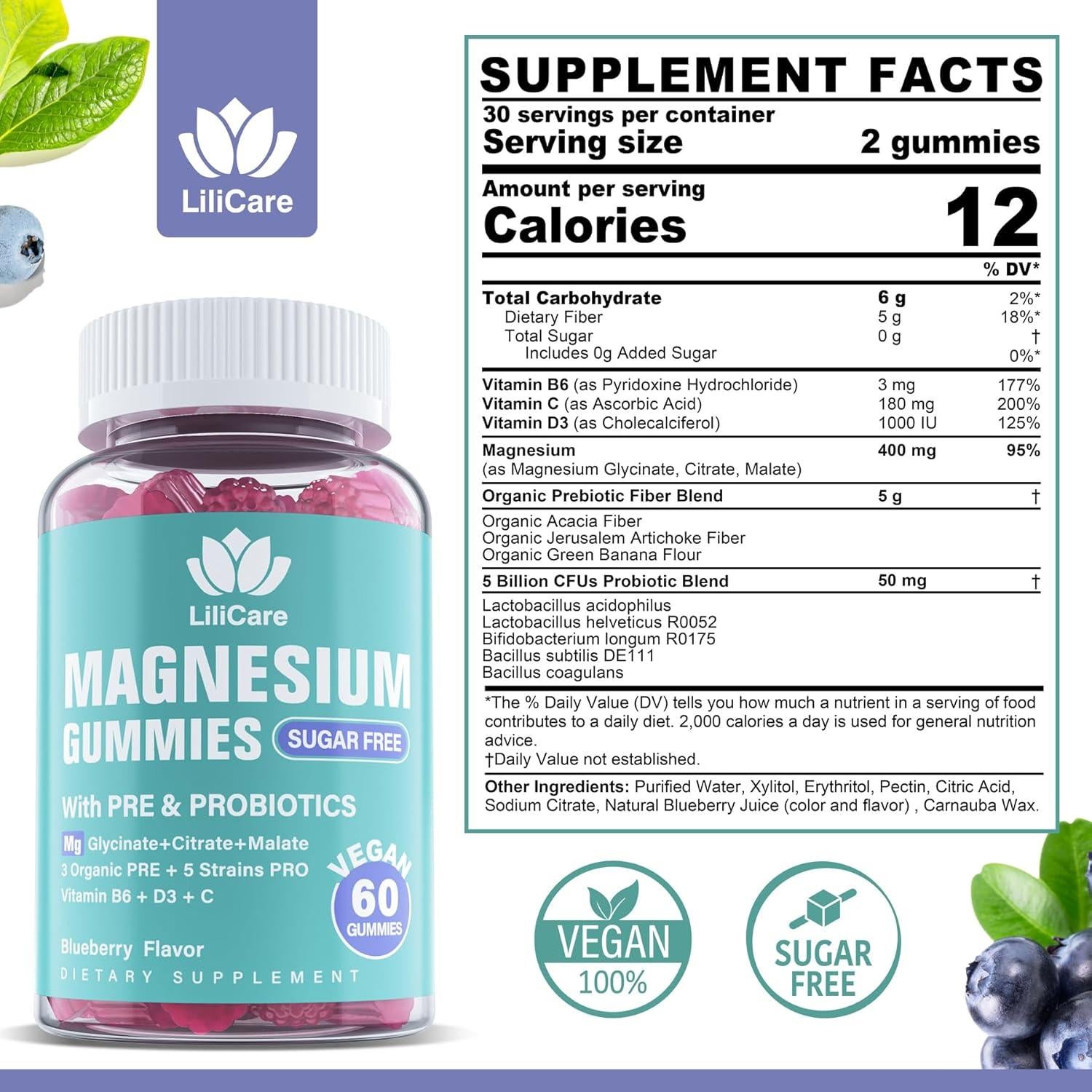 Gomitas de Magnesio Triple 400mg Lilicare con Probioticos