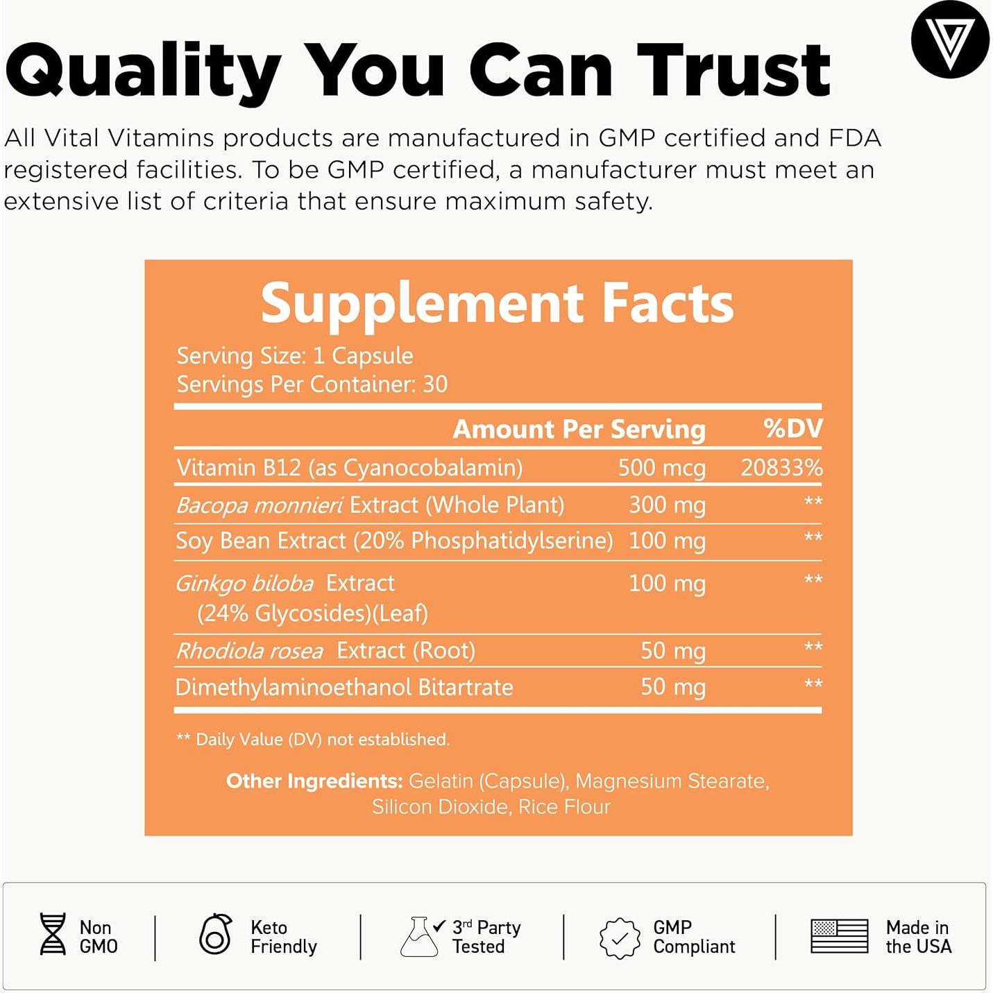 Suplemento Nootrópico Vital Vitamins 30 Cápsulas - Memoria y Enfoque