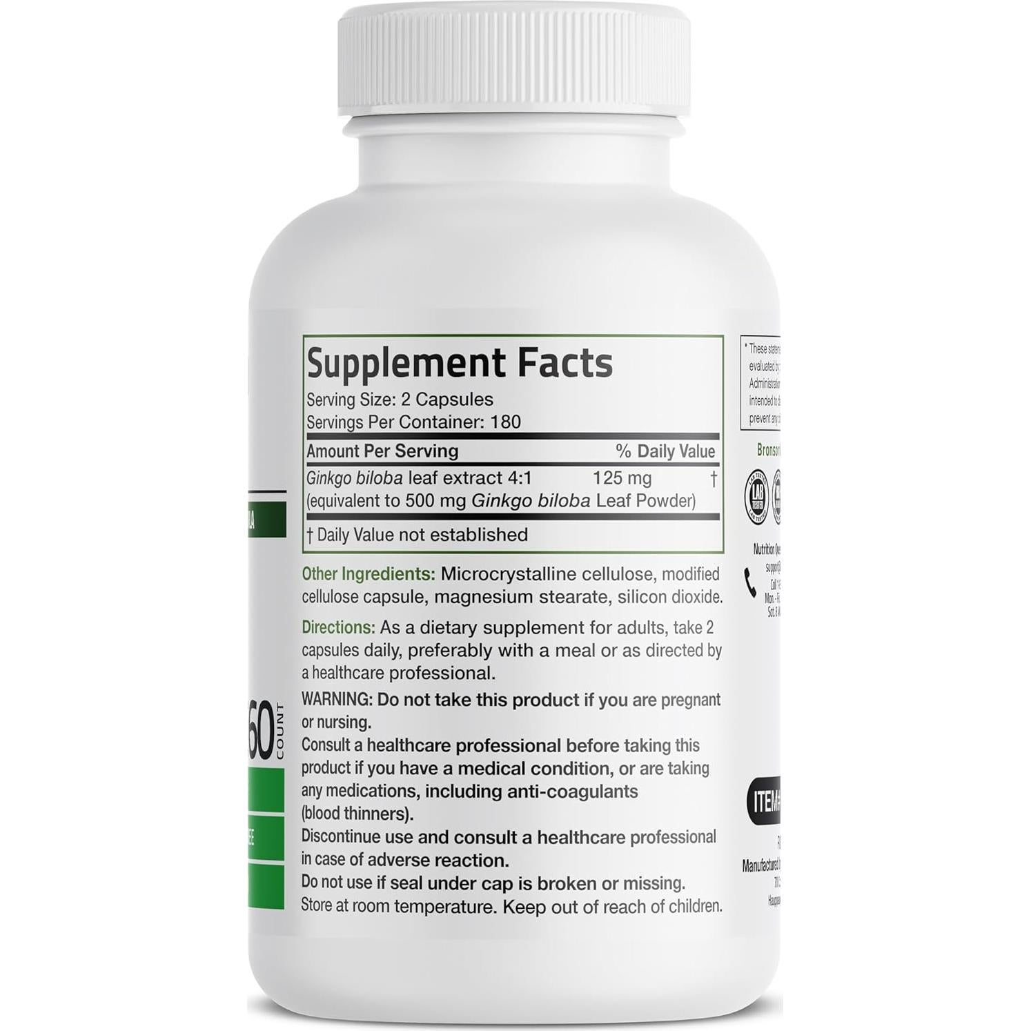 Suplemento Ginkgo Biloba Bronson Extra Fuerte 360 Cápsulas