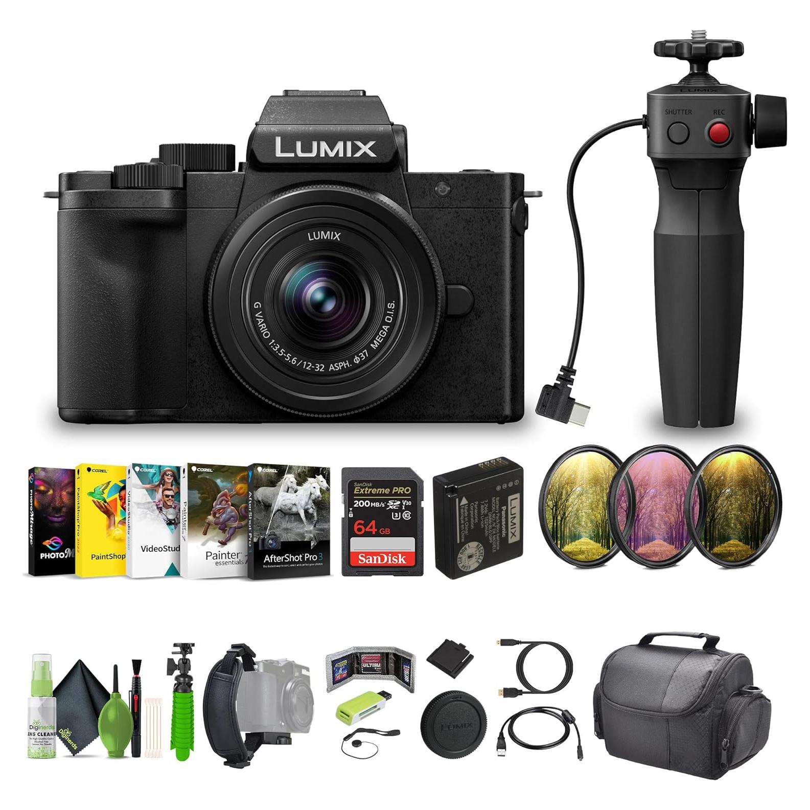 Panasonic Lumix G100D 4K Mirrorless Digital Vlogging Camera for Video, Photography with 12-32mm Lens and Tripod Grip, 20.3MP Micro Four Thirds, YouTube Vlogger Bundle with Accessories