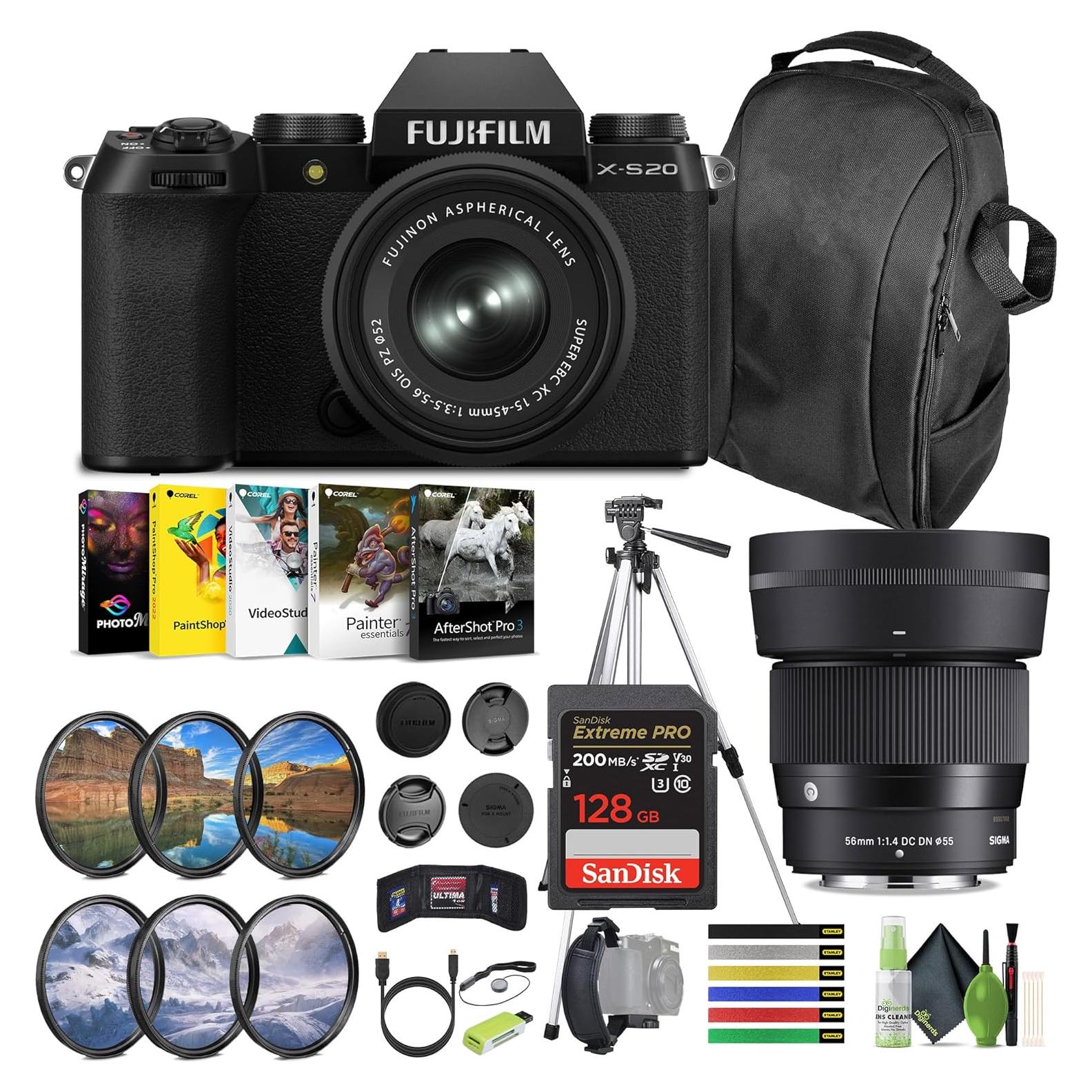 Cámara Sin Espejo Fujifilm X-S20 con Lente 15-45mm y Sigma 56mm