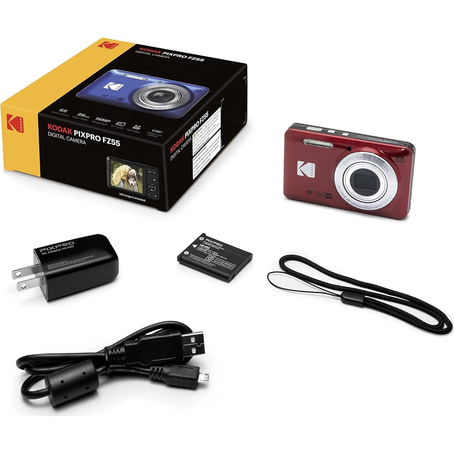 Cámara Digital Kodak PIXPRO FZ55 Rojo + Funda + Tarjeta 128GB