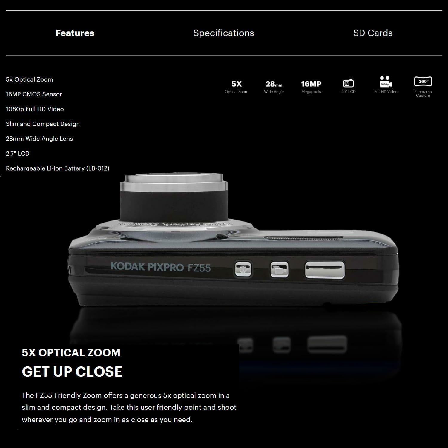 Cámara Digital Kodak PIXPRO FZ55 Negra + Tarjeta 32GB + Protectores