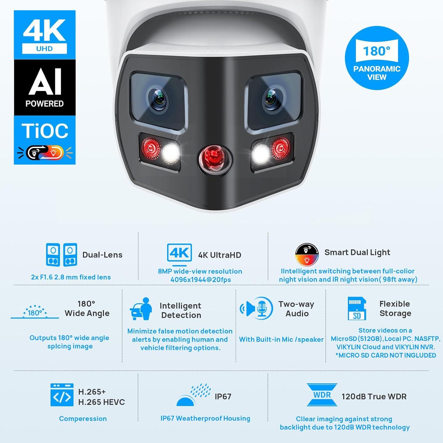 Cámara de Seguridad IP PoE VIKYLIN 8MP Doble Lente 180°