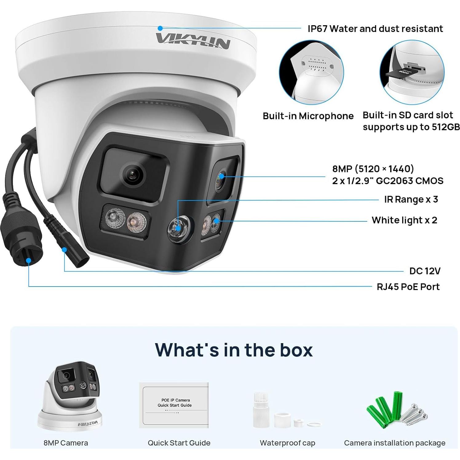 Cámara de Seguridad IP PoE VIKYLIN 8MP Doble Lente 180°