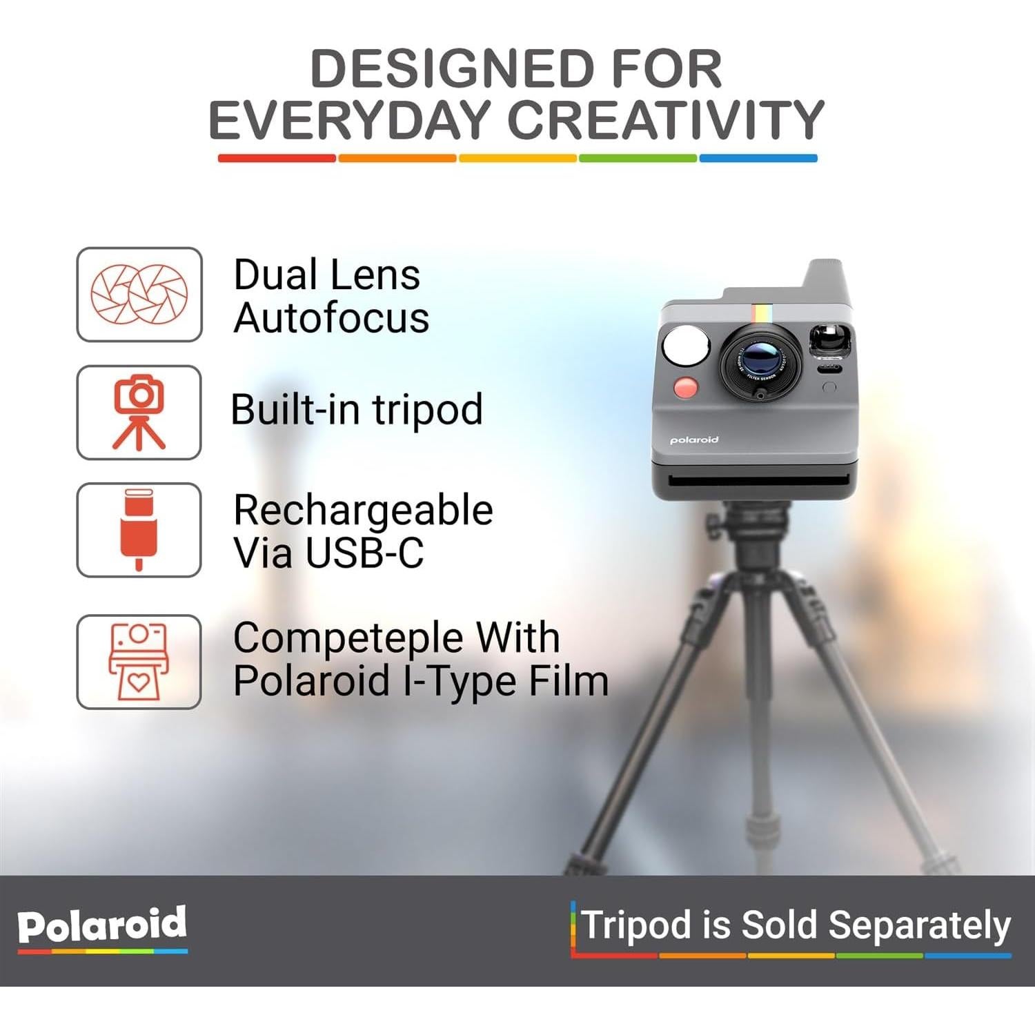 Cámara Instantánea Polaroid Now Gen 3 I-Type Negro + Película 8 Exposiciones