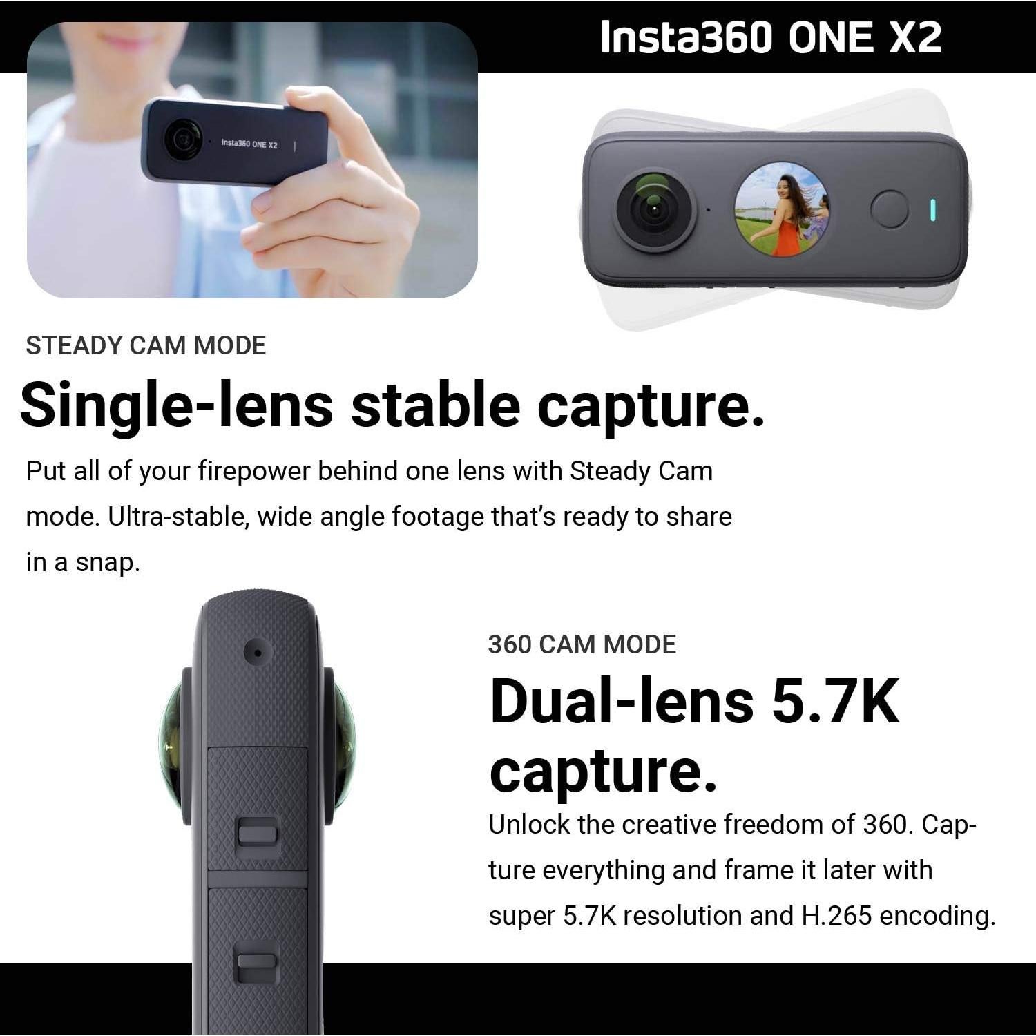 Cámara 360 Insta360 ONE X2 - 5.7K, Estabilización, 128GB