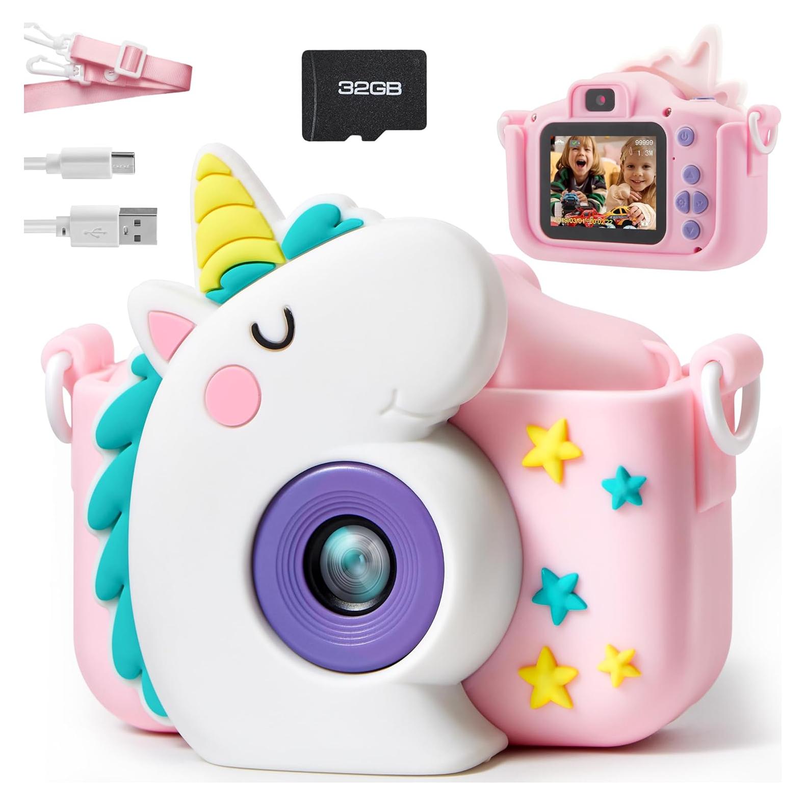 SYNCFUN Kids Camera, Birthday Gifts for Girls 3 4 5 6 7 8 Year Old, Unicorn Toys Selfie Toddler Toy, 1080P HD Selfie Digital Video Camera with 32GB SD Card (Unicorn)