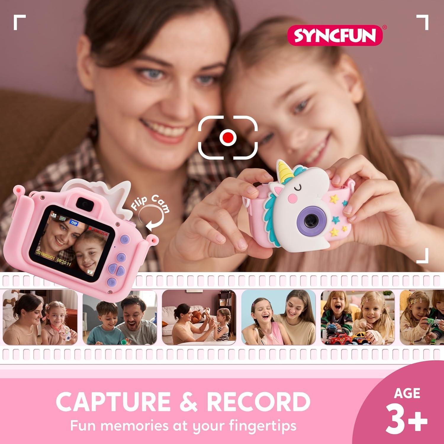 SYNCFUN Kids Camera, Birthday Gifts for Girls 3 4 5 6 7 8 Year Old, Unicorn Toys Selfie Toddler Toy, 1080P HD Selfie Digital Video Camera with 32GB SD Card (Unicorn)