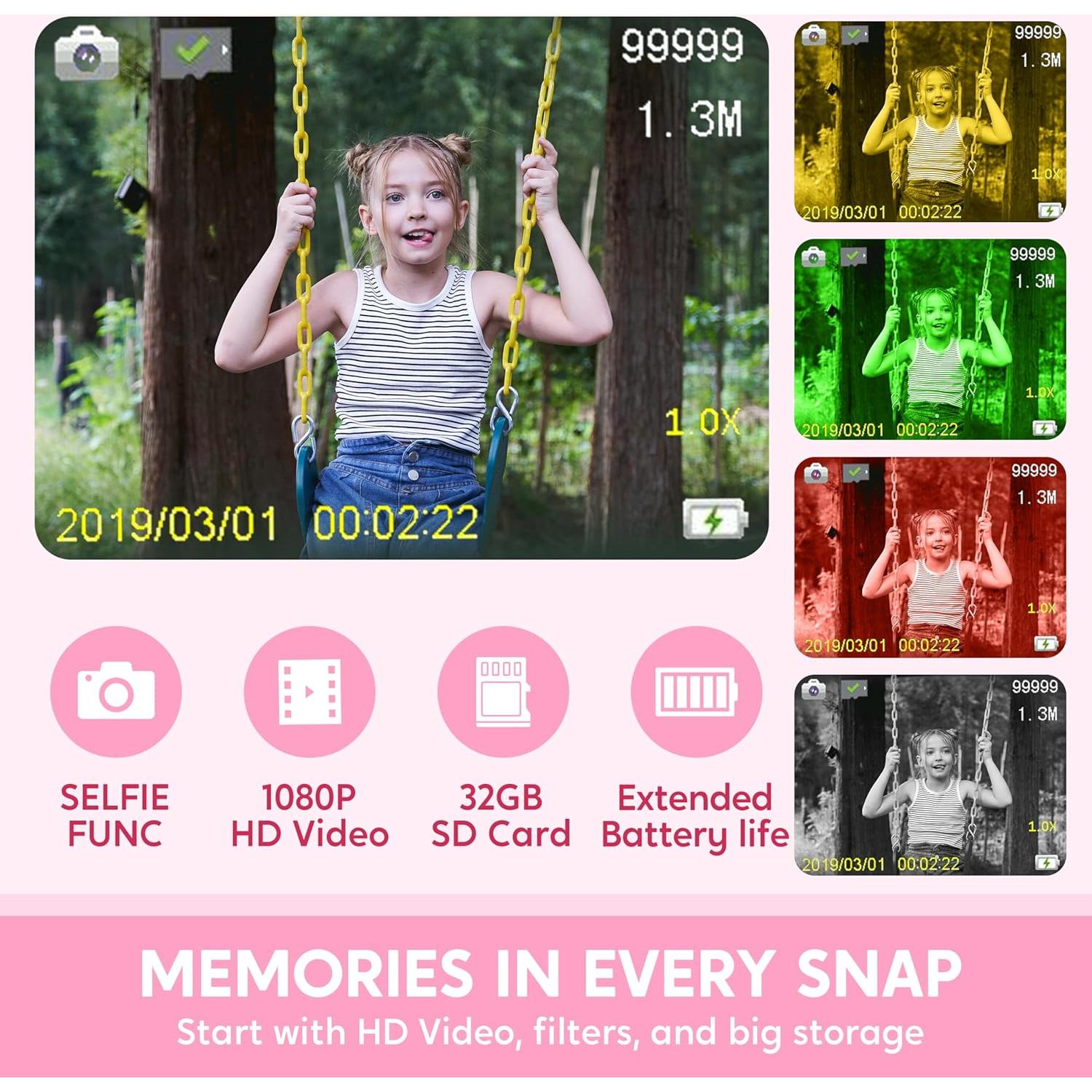 SYNCFUN Kids Camera, Birthday Gifts for Girls 3 4 5 6 7 8 Year Old, Unicorn Toys Selfie Toddler Toy, 1080P HD Selfie Digital Video Camera with 32GB SD Card (Unicorn)