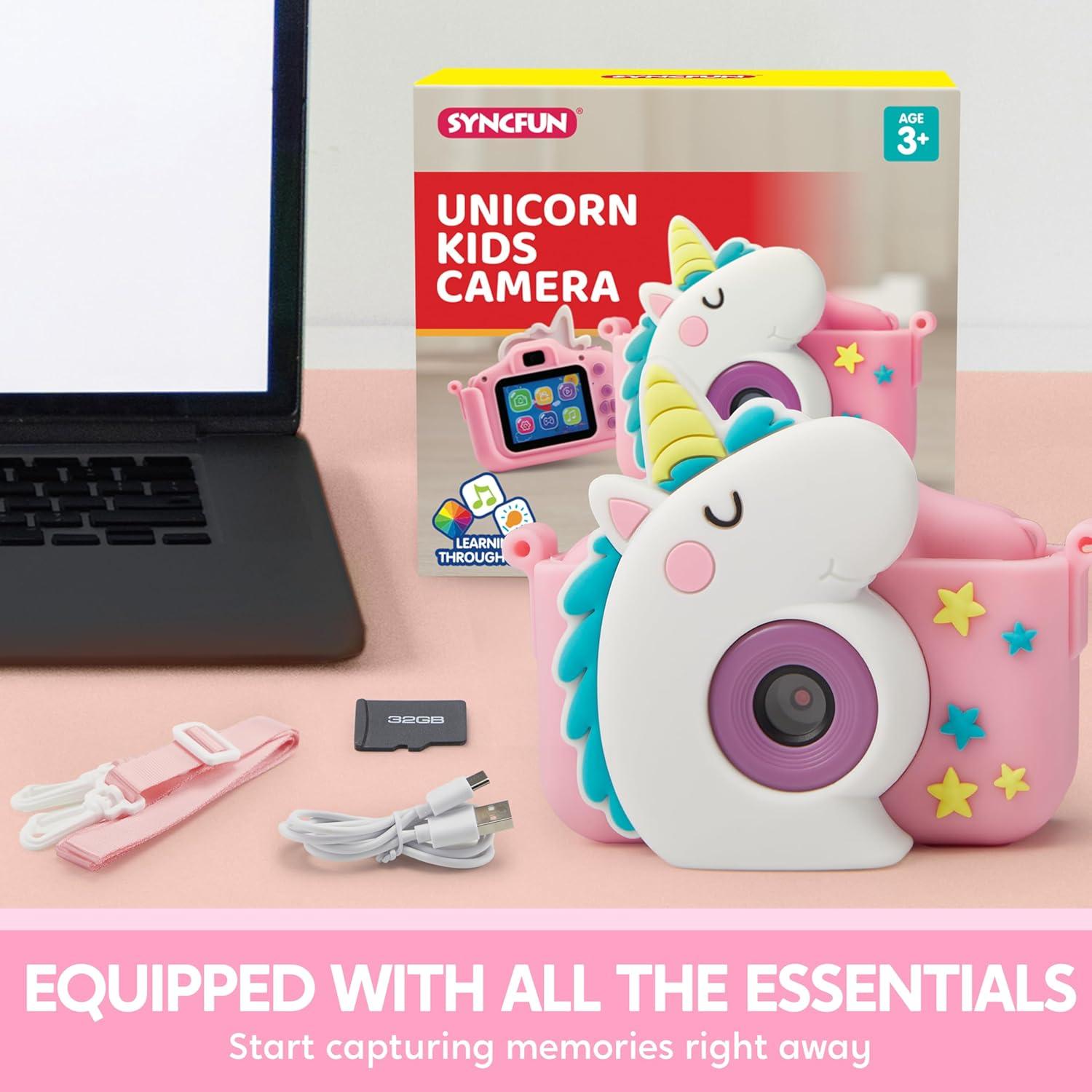 SYNCFUN Kids Camera, Birthday Gifts for Girls 3 4 5 6 7 8 Year Old, Unicorn Toys Selfie Toddler Toy, 1080P HD Selfie Digital Video Camera with 32GB SD Card (Unicorn)