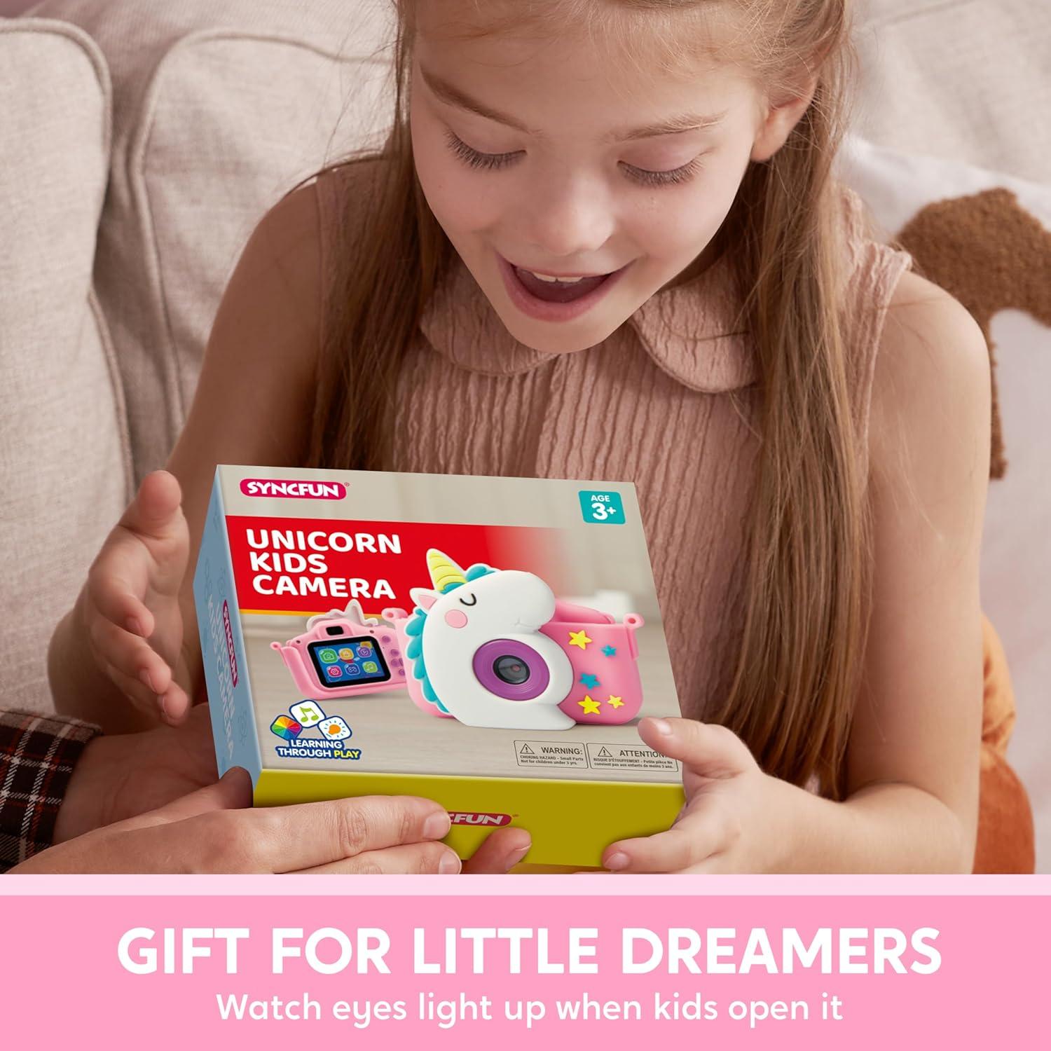 SYNCFUN Kids Camera, Birthday Gifts for Girls 3 4 5 6 7 8 Year Old, Unicorn Toys Selfie Toddler Toy, 1080P HD Selfie Digital Video Camera with 32GB SD Card (Unicorn)