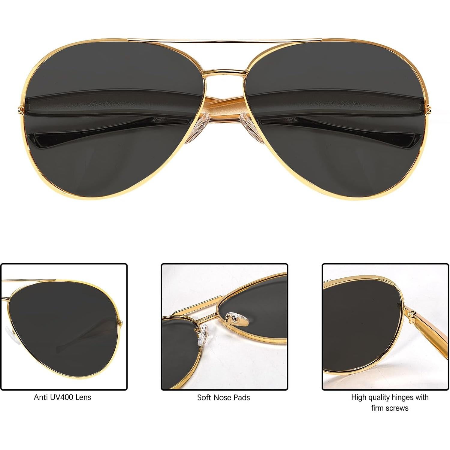 Gafas de sol aviador doradas GUVIVI 63mm lente negra