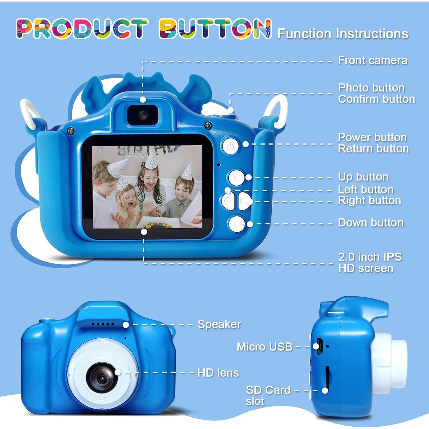 Cámara Digital para Niños RAYBITU 1080P HD Azul con SD 32GB