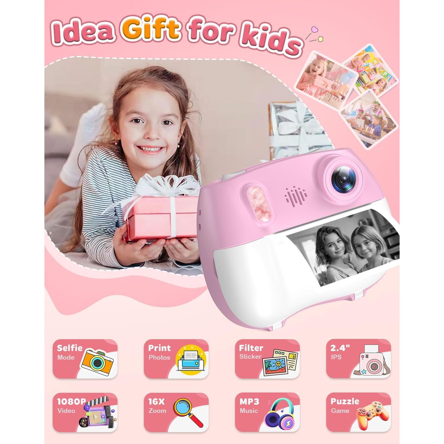 Cámara Instantánea Yakry Rosa para Niños 12MP 1080P Selfie