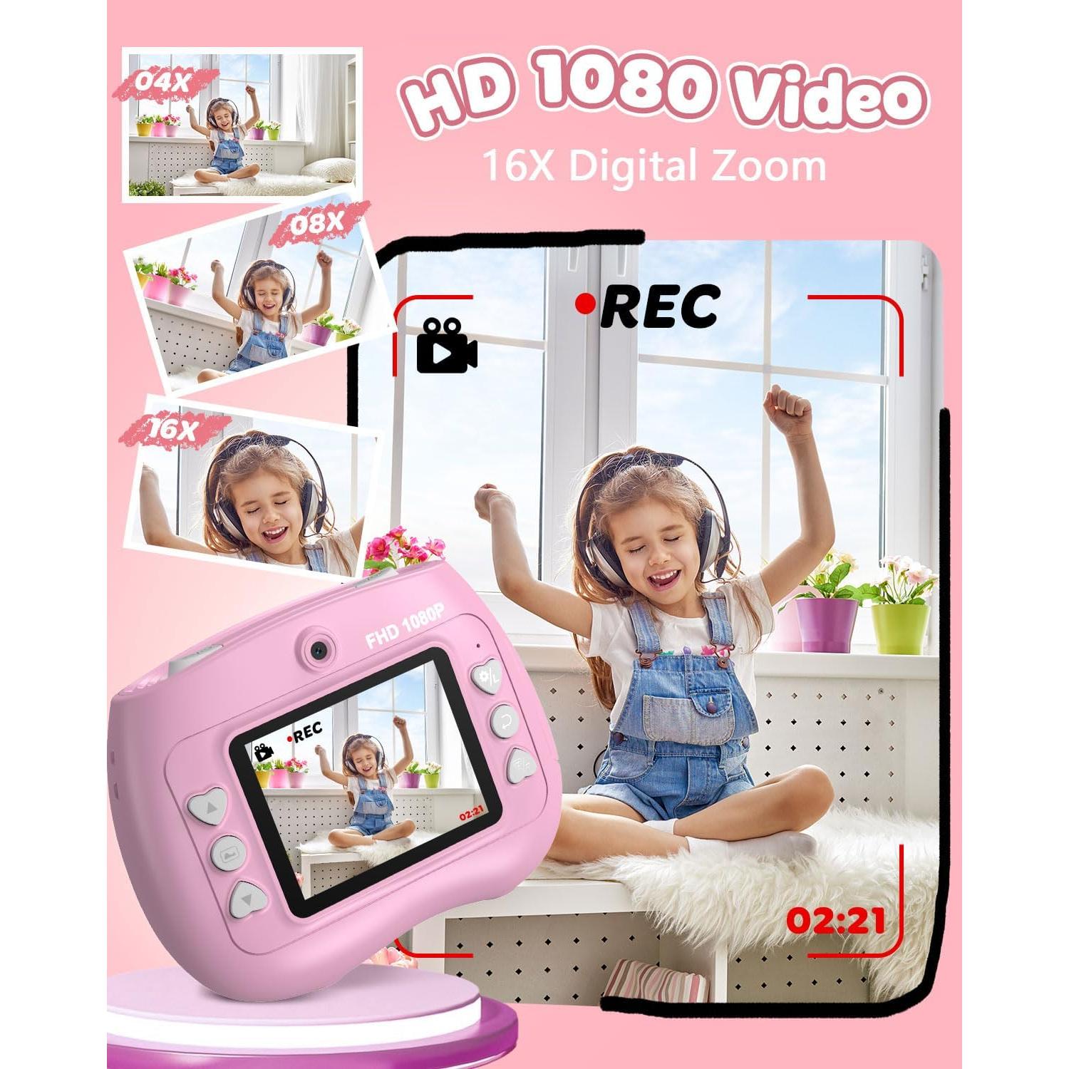 Cámara Instantánea Yakry Rosa para Niños 12MP 1080P Selfie