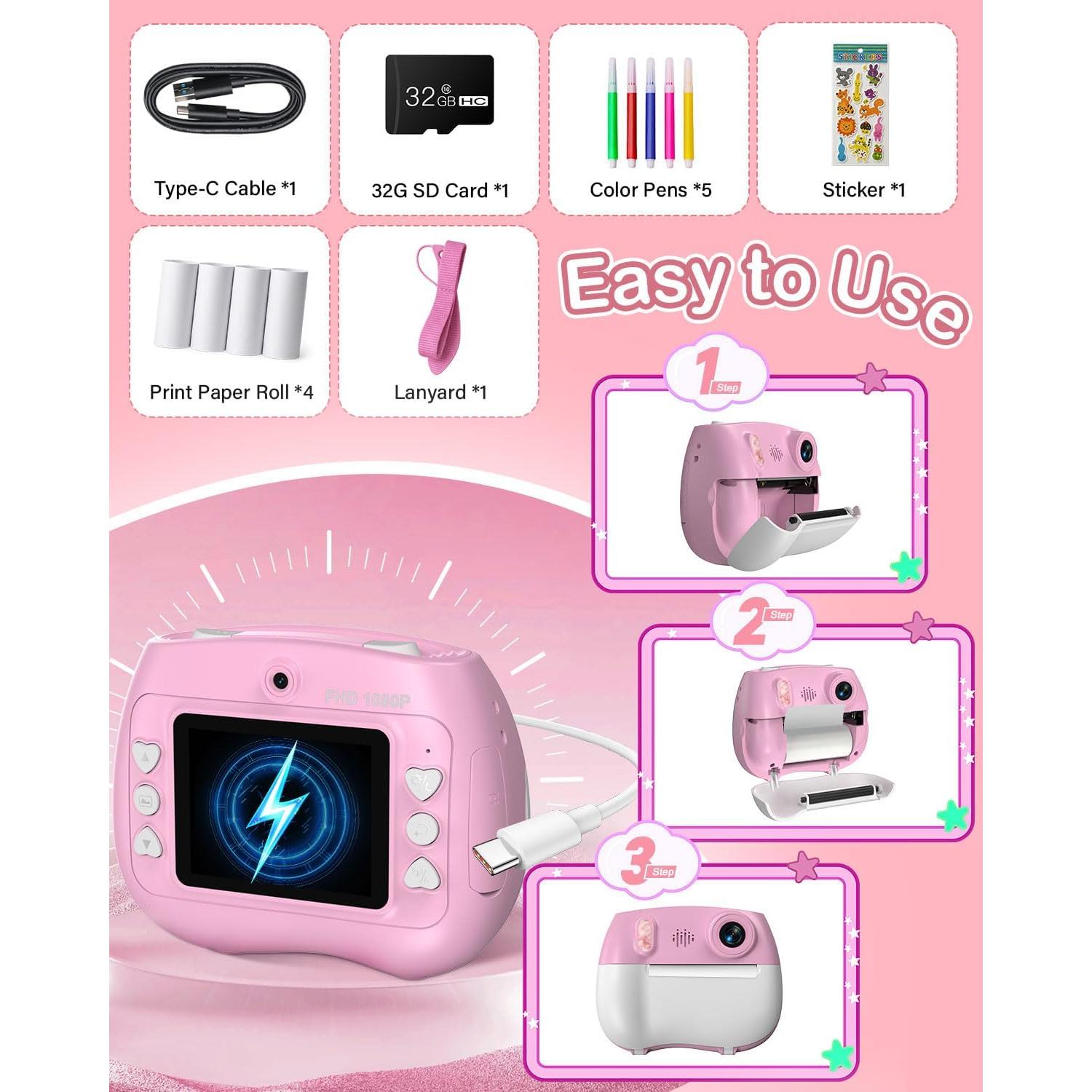 Cámara Instantánea Yakry Rosa para Niños 12MP 1080P Selfie