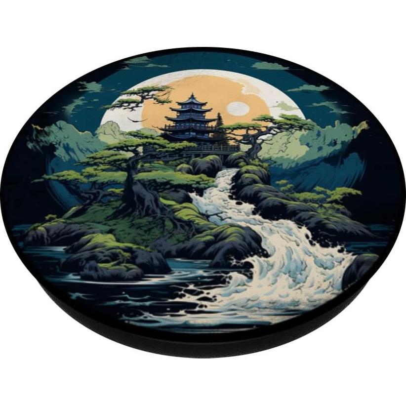 PopSockets Jardín Zen Japonés Vintage con Pagoda y Luna