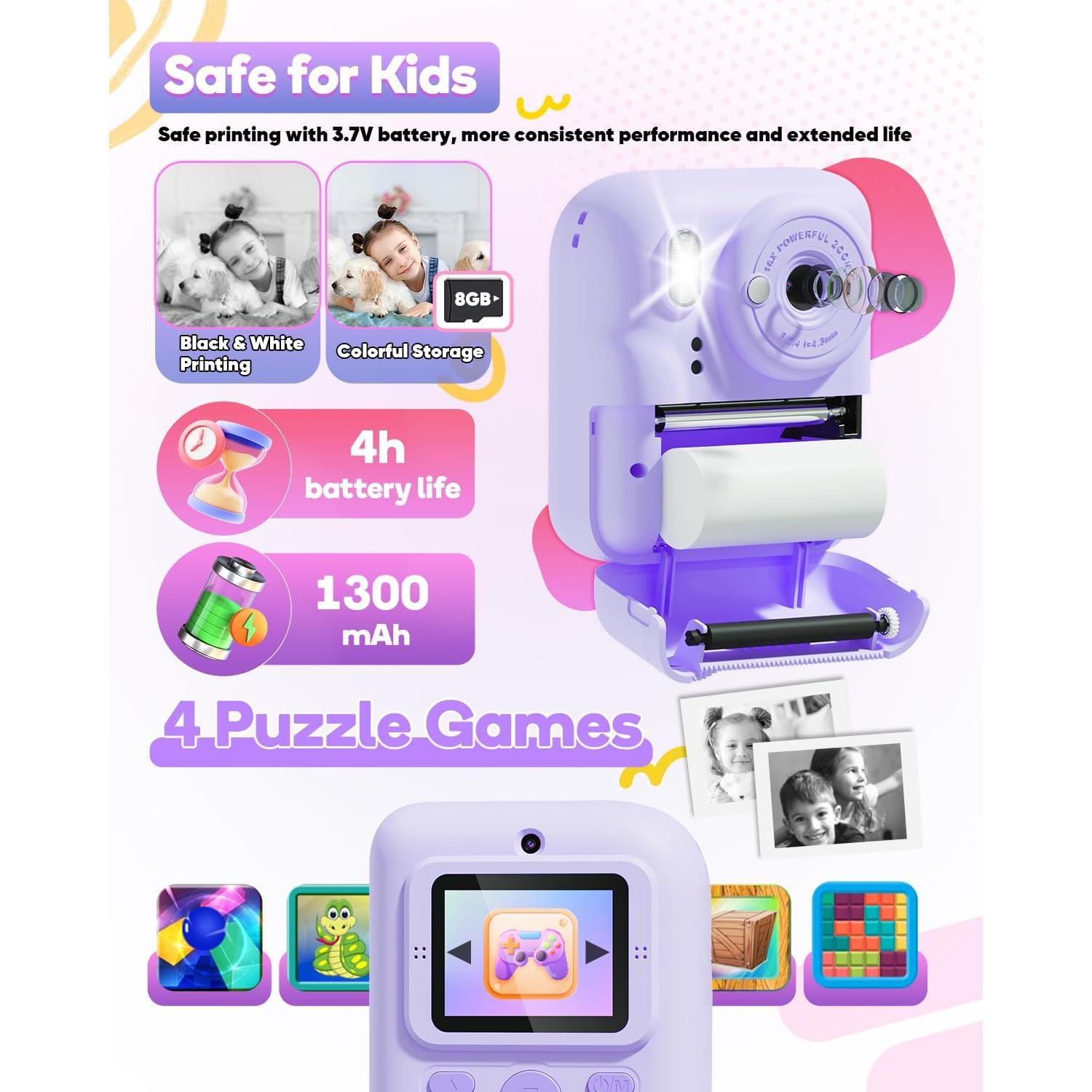 Cámara Instantánea Digital Ziegoal 1080P para Niños Púrpura