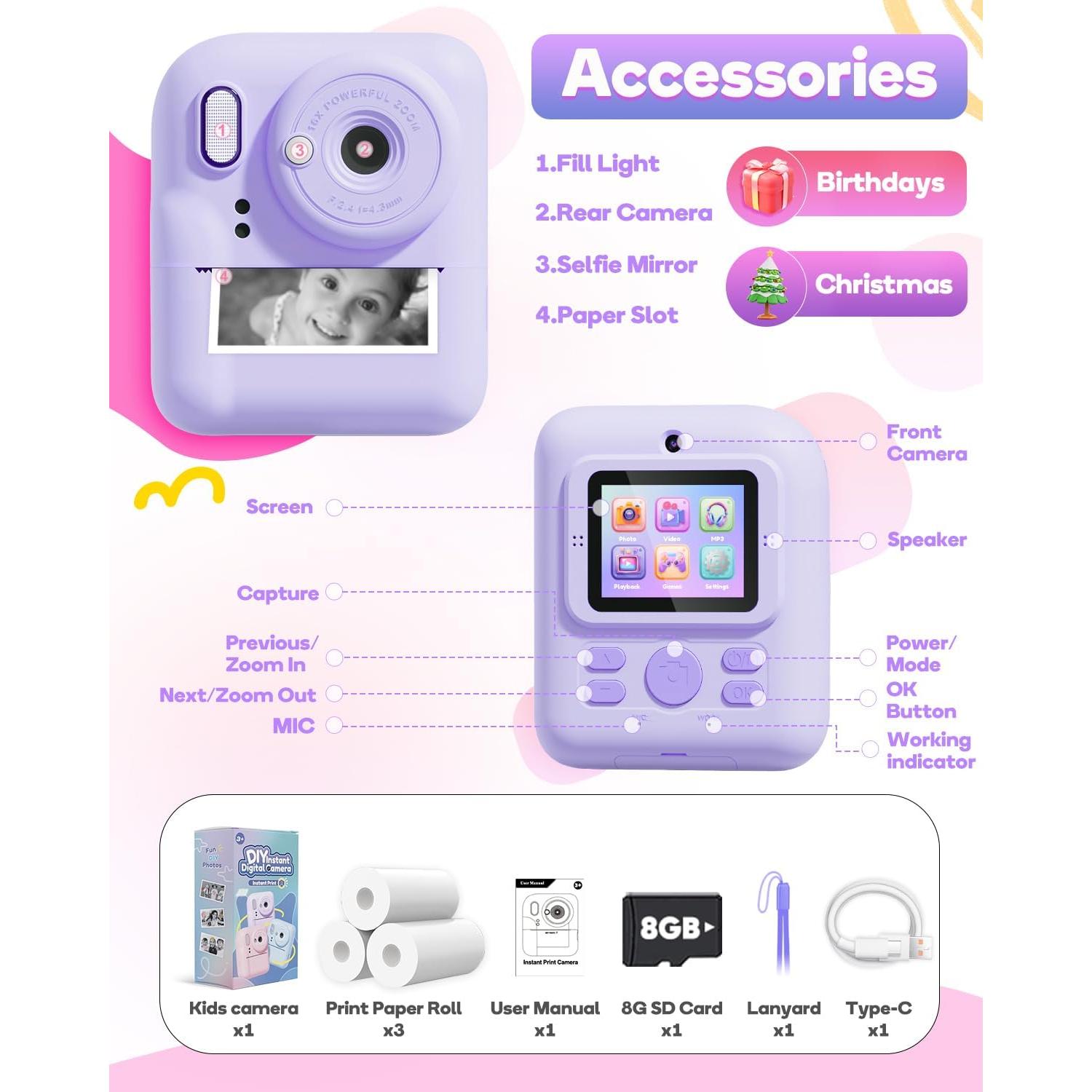 Cámara Instantánea Digital Ziegoal 1080P para Niños Púrpura