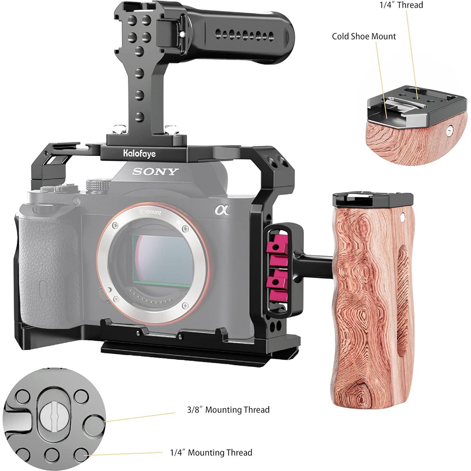 Jaula de cámara Kalofaye para Sony A7 M3 / A7II / A7RII con mango de madera