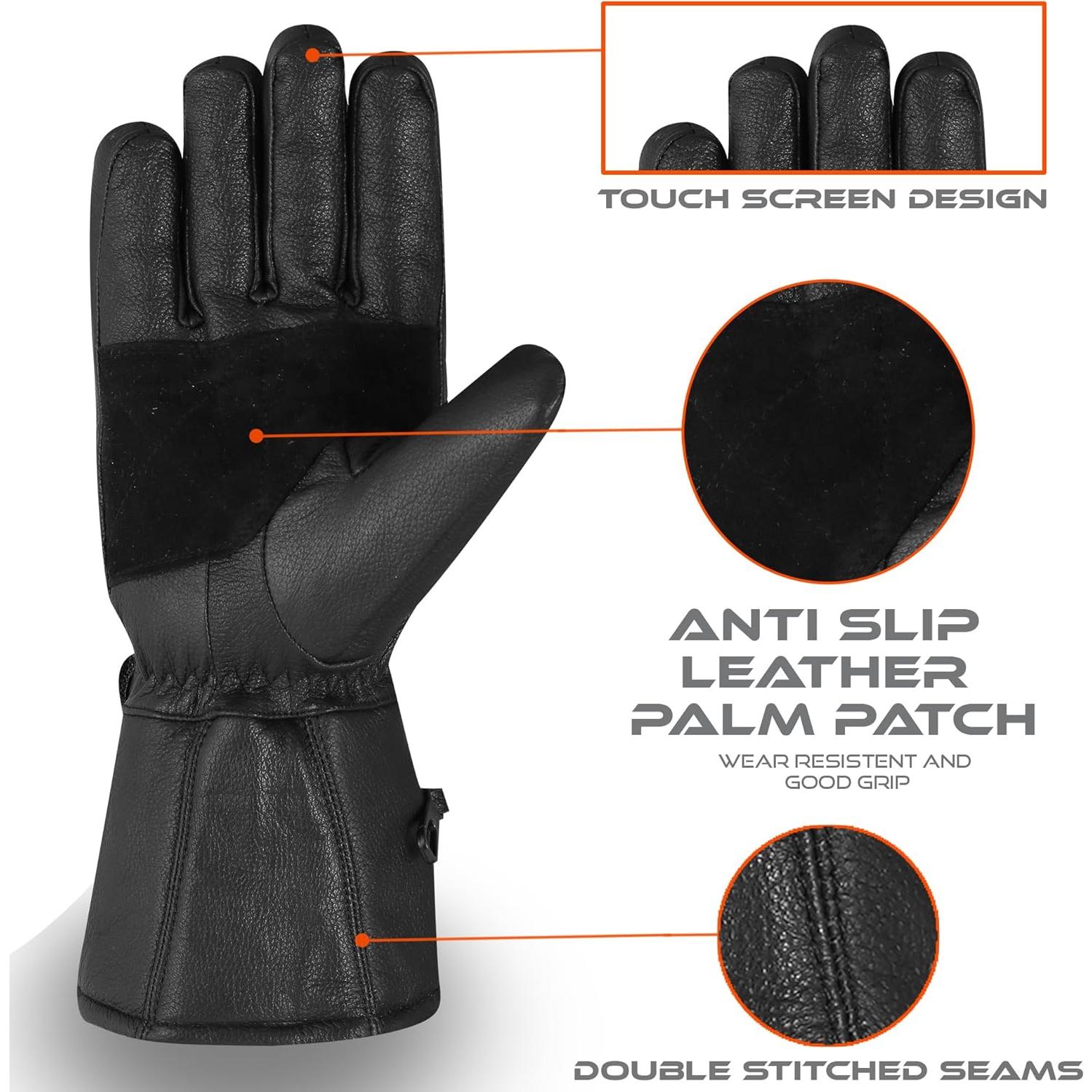 Motorcycle Gloves for Men & Women, Black Leather Touchscreen Riding Gloves with Joint Guard, Windproof & Thermal for Cold Weather Motorcycling, BMX, ATV, MTB