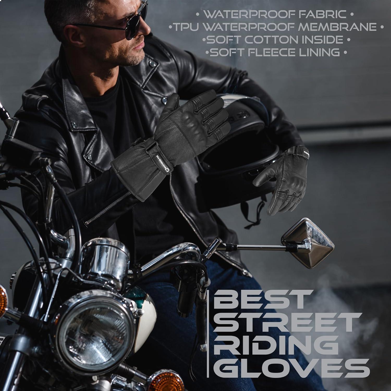 Motorcycle Gloves for Men & Women, Black Leather Touchscreen Riding Gloves with Joint Guard, Windproof & Thermal for Cold Weather Motorcycling, BMX, ATV, MTB