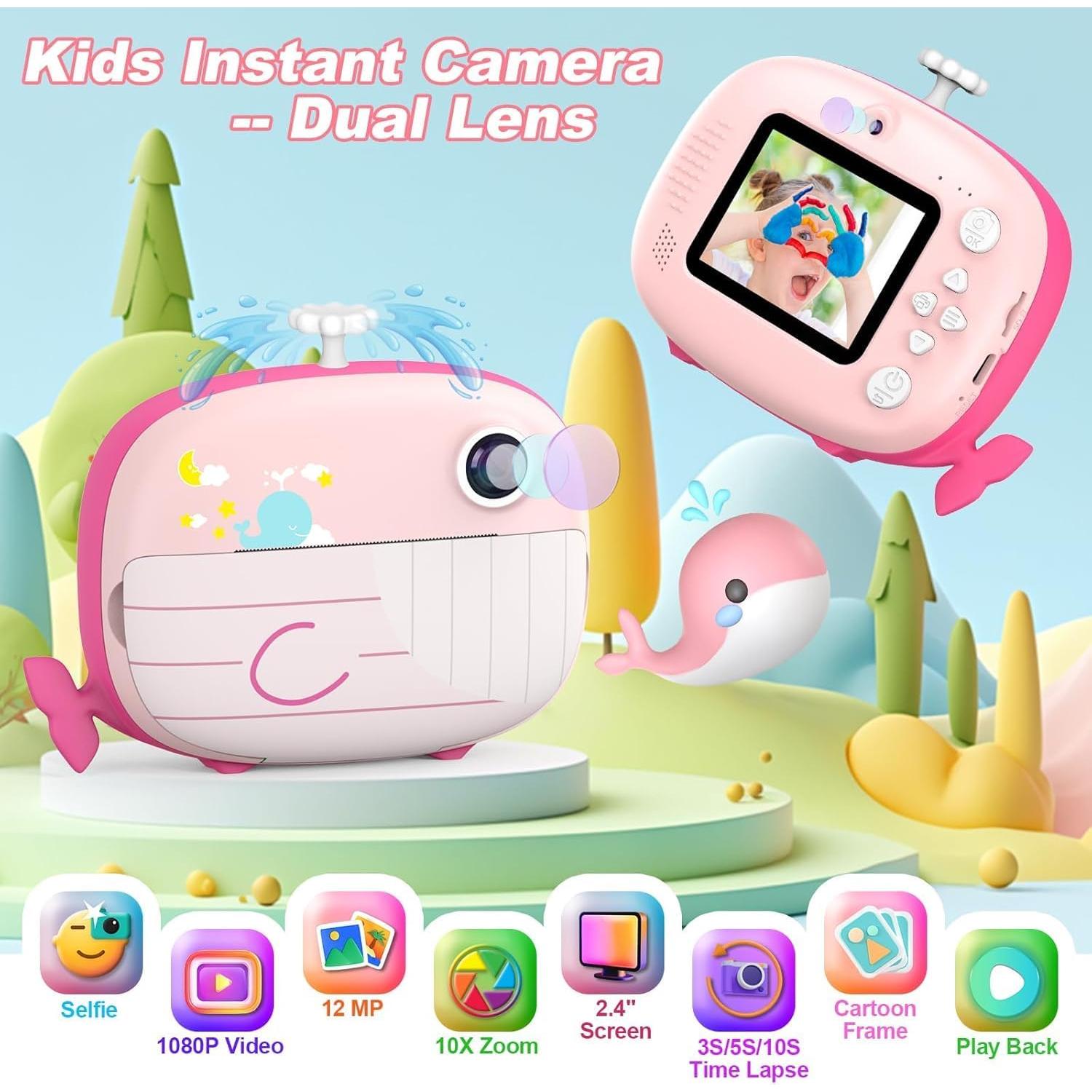 Kids Instant Print Camera - 12MP Ink Free Printing for Kids Aged 3-10 - Selfie Camera for Boys & Girls - Pink