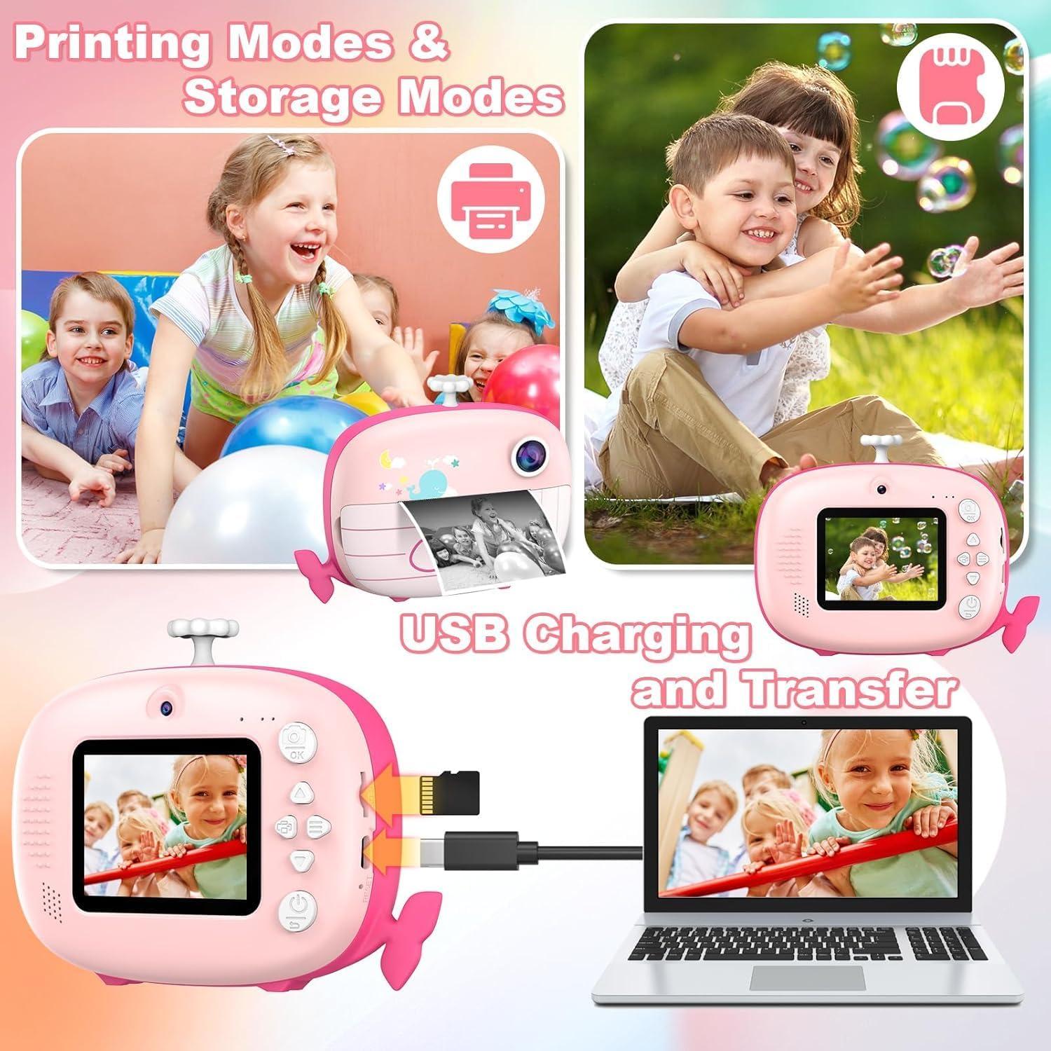 Kids Instant Print Camera - 12MP Ink Free Printing for Kids Aged 3-10 - Selfie Camera for Boys & Girls - Pink