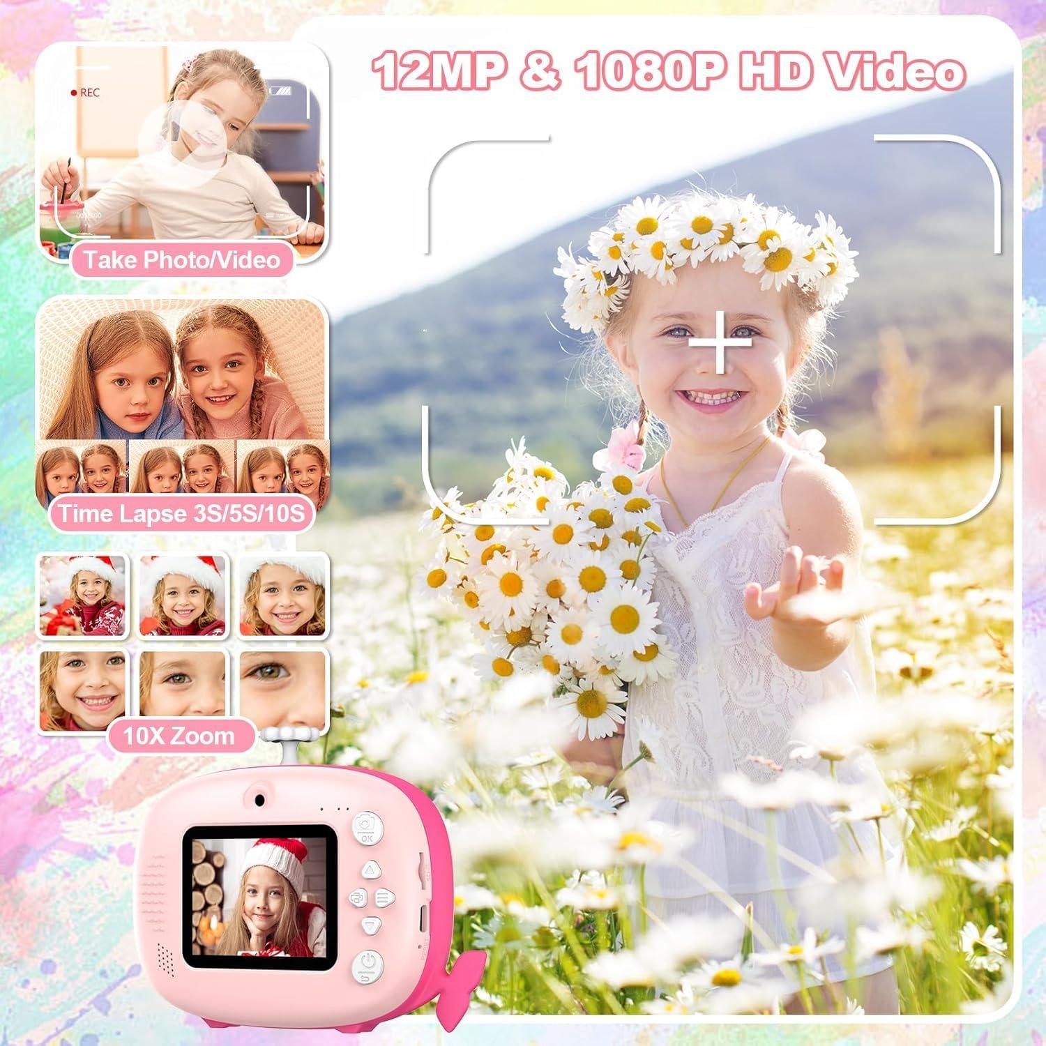 Kids Instant Print Camera - 12MP Ink Free Printing for Kids Aged 3-10 - Selfie Camera for Boys & Girls - Pink