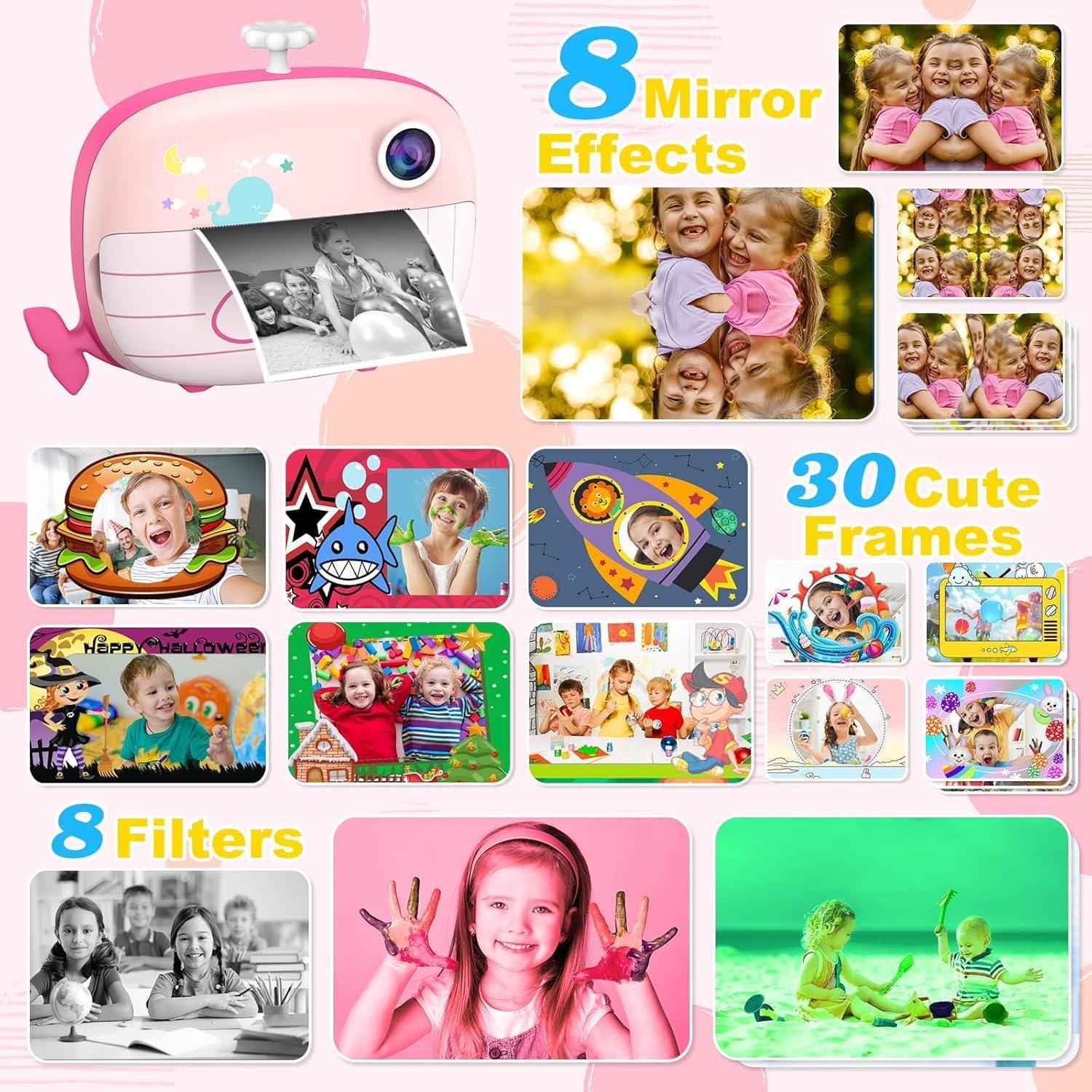 Kids Instant Print Camera - 12MP Ink Free Printing for Kids Aged 3-10 - Selfie Camera for Boys & Girls - Pink