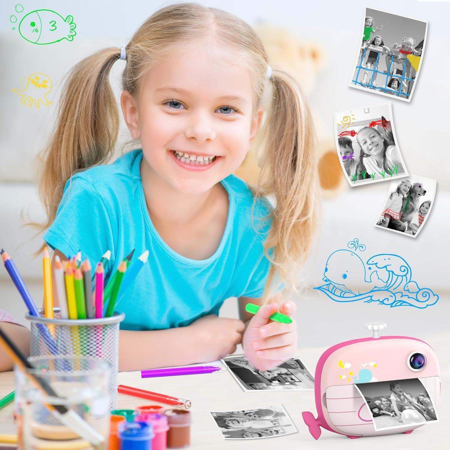 Kids Instant Print Camera - 12MP Ink Free Printing for Kids Aged 3-10 - Selfie Camera for Boys & Girls - Pink