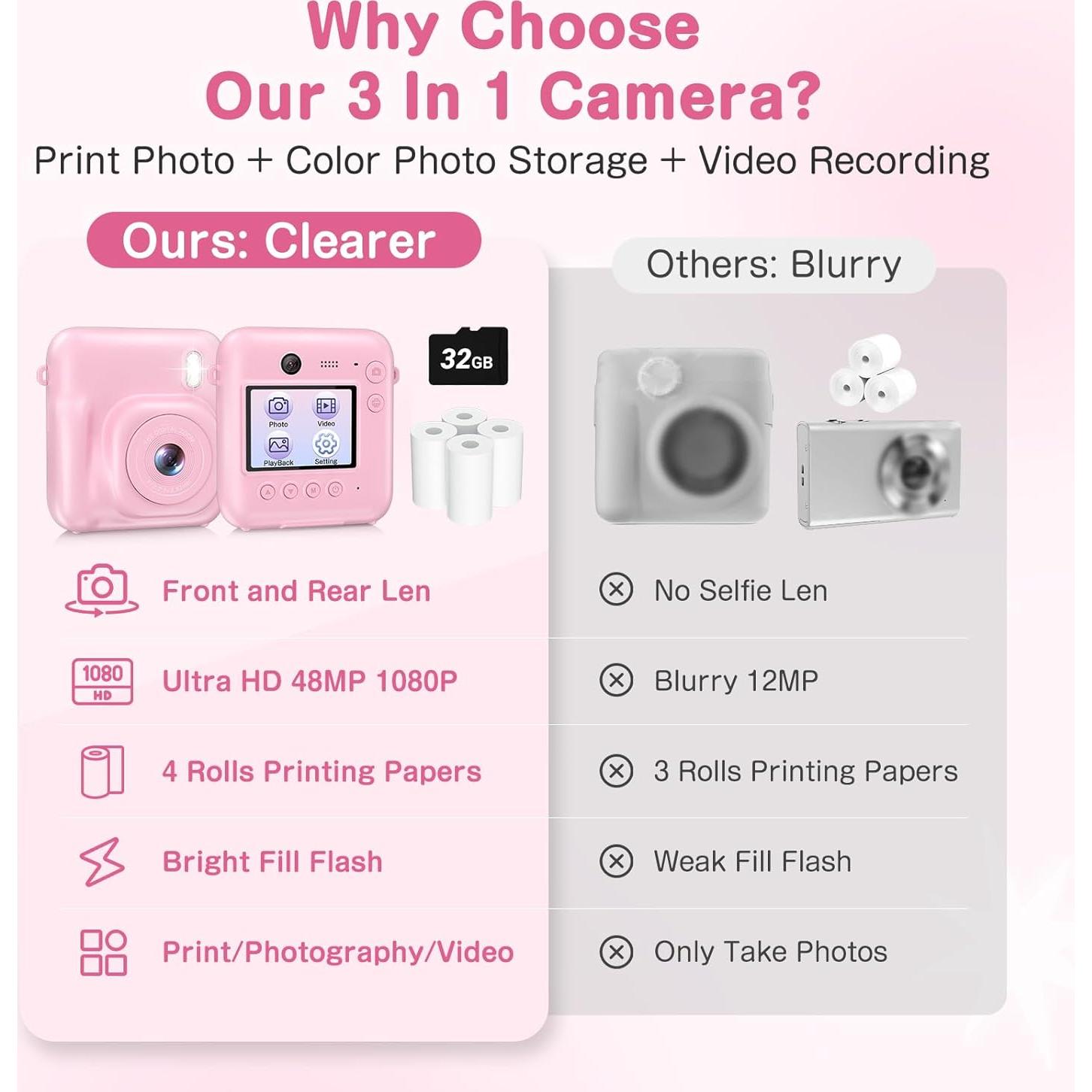 Kids Camera Instant Print, Dual-Lens 48MP Digital Camera for Christmas Birthday Gifts, 1080P Selfie Instant Cameras for Kids with 32GB Card, Instant Print Digital Camera for Girls Boys-Pink